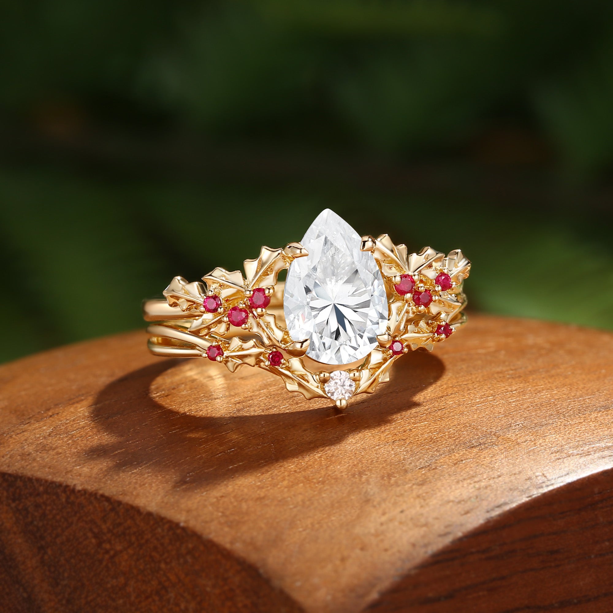Victoria - Pear Cut  Moissanite & Natural Ruby Holly Leaf Engagement Ring Set 2PCS