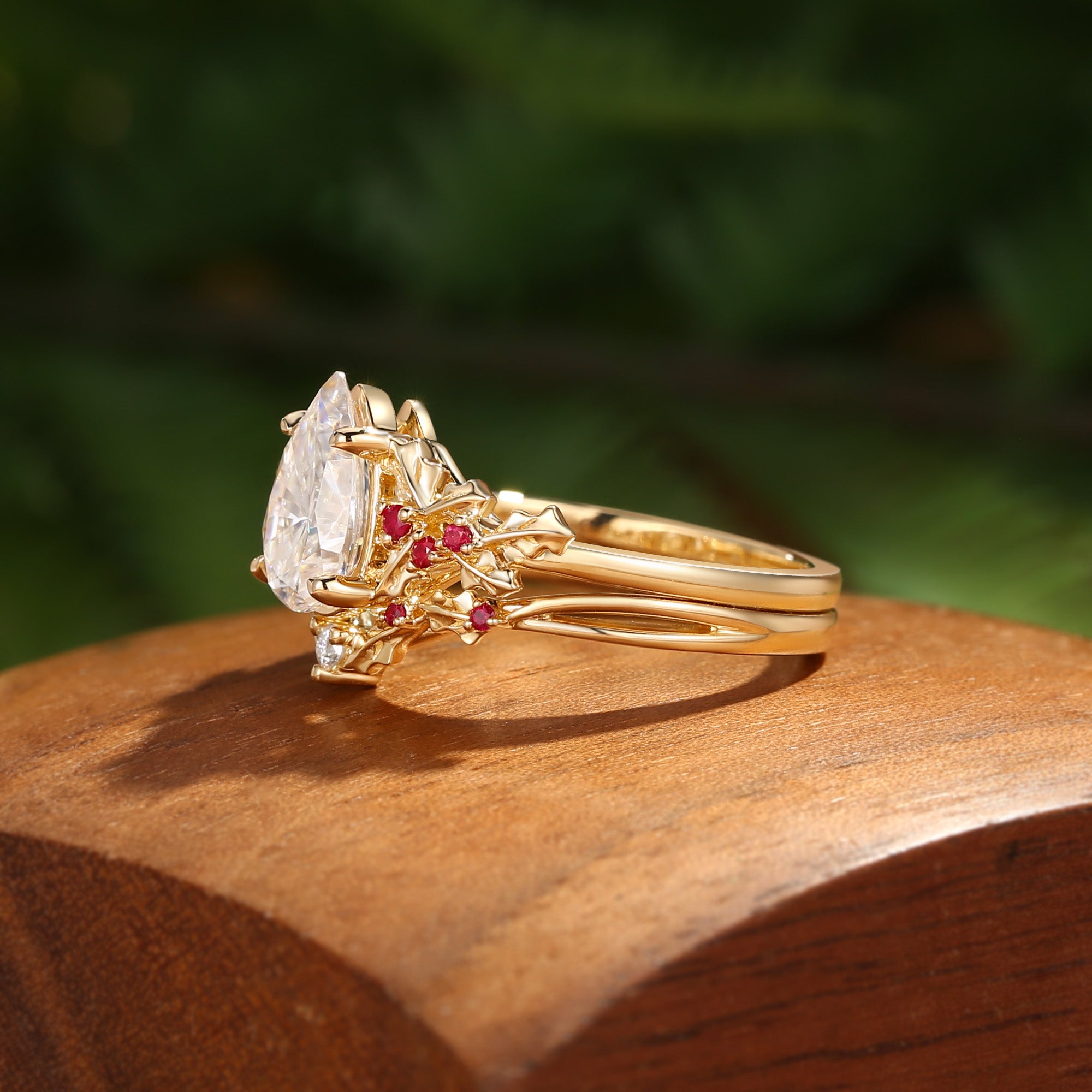 Victoria - Pear Cut  Moissanite & Natural Ruby Holly Leaf Engagement Ring Set 2PCS