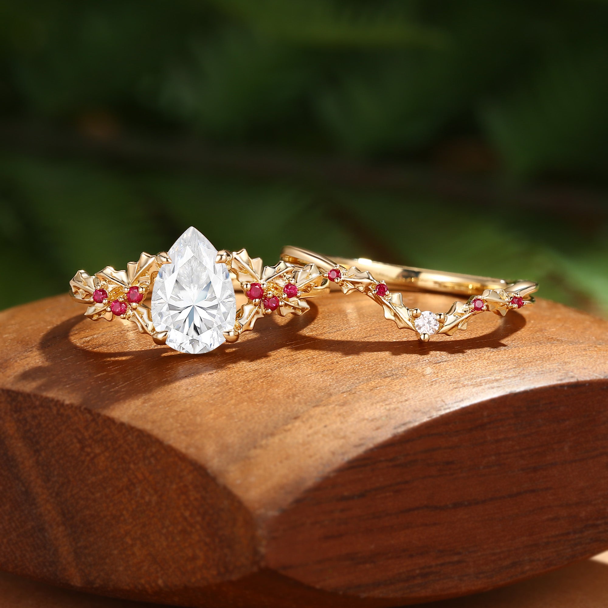 Victoria - Pear Cut  Moissanite & Natural Ruby Holly Leaf Engagement Ring Set 2PCS