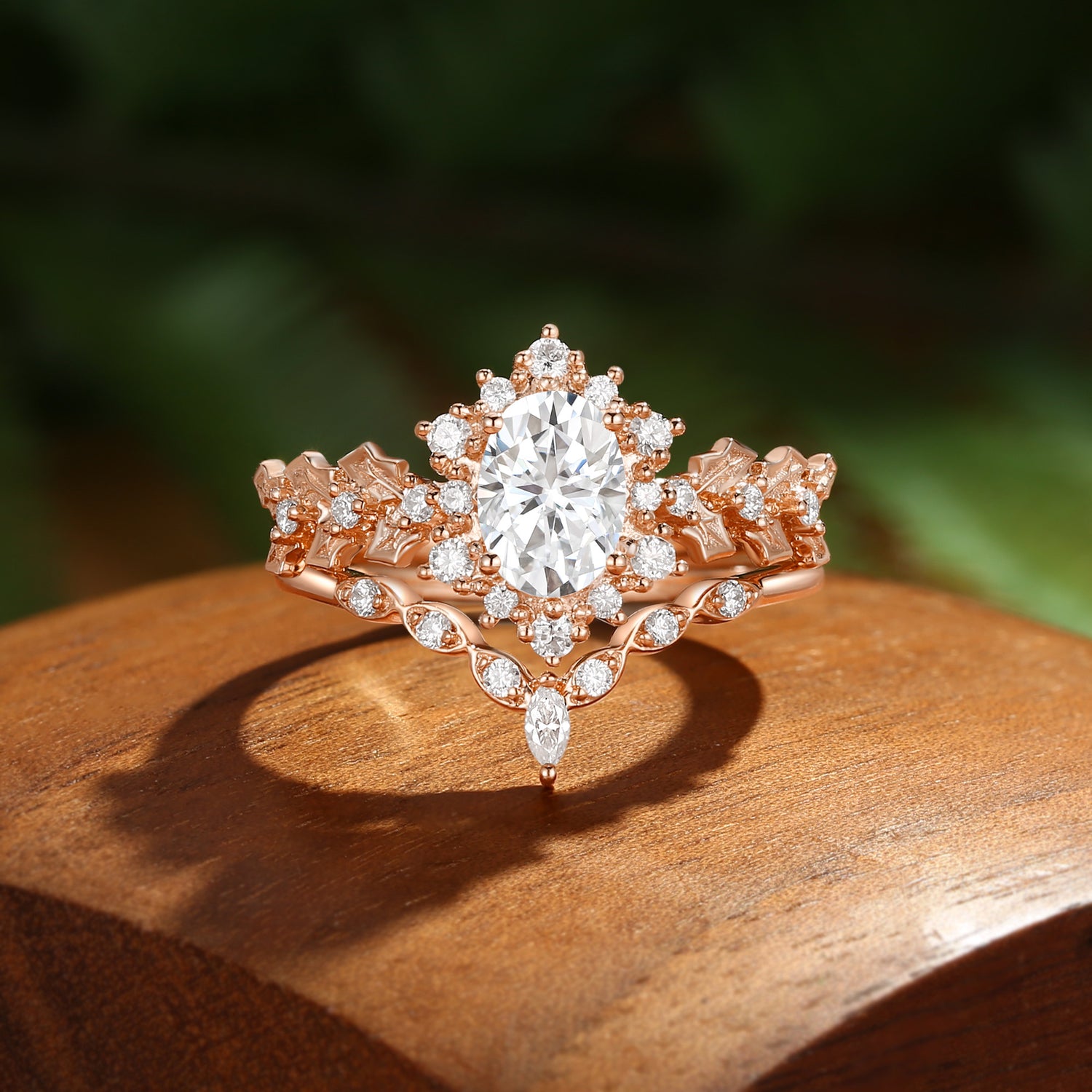 Esme - Oval Cut  Moissanite Holly Leaf Engagement Ring Set 2PCS