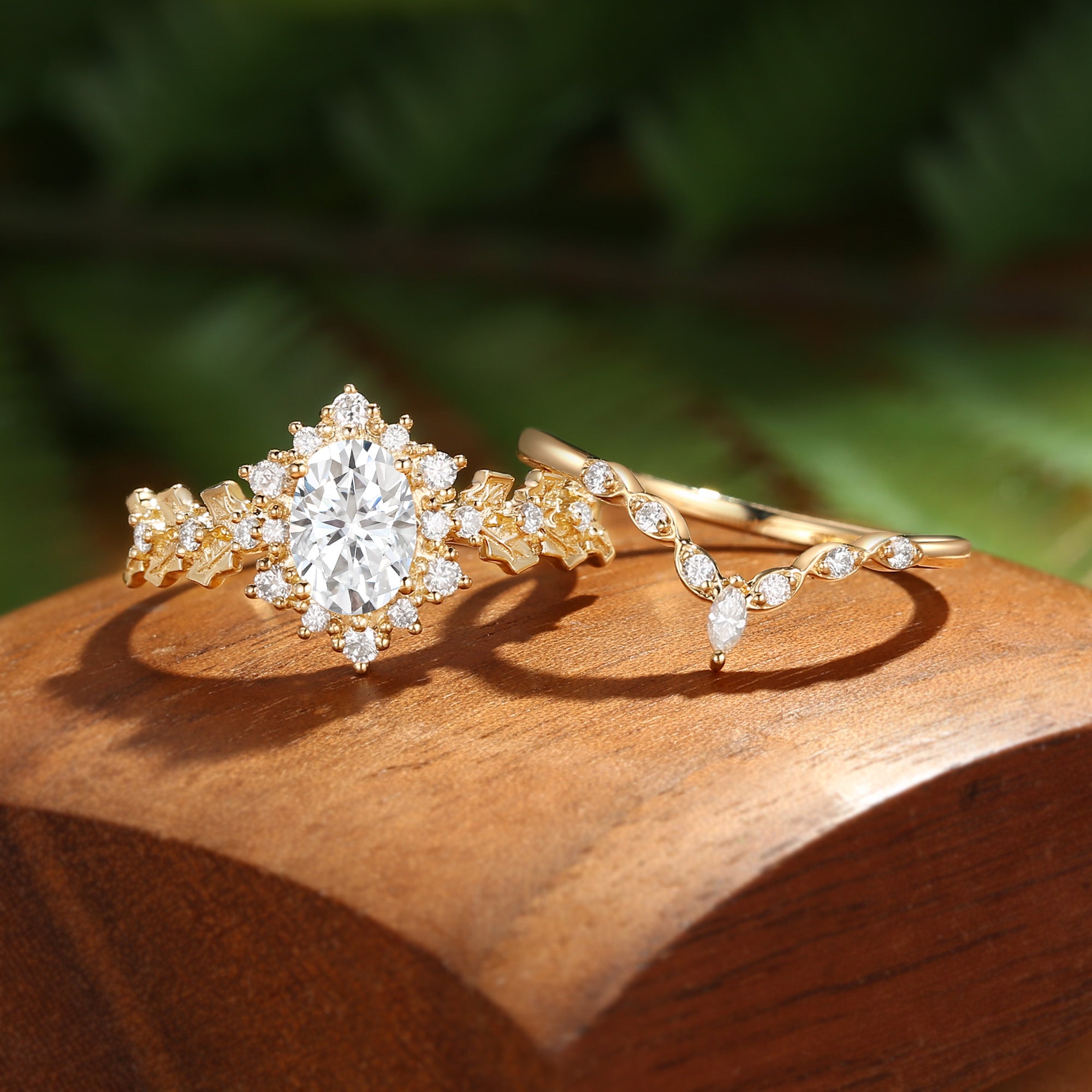 Esme - Oval Cut  Moissanite Holly Leaf Engagement Ring Set 2PCS