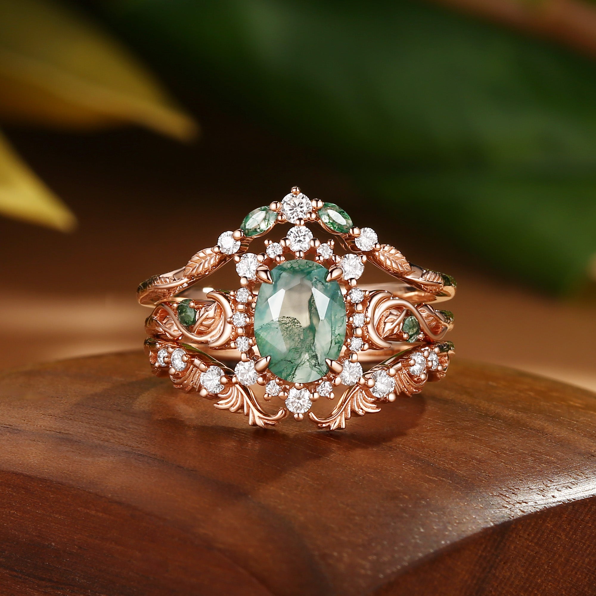 Oriana - Acanthus Leaves Moss Agate Engagement Ring Set 3pcs