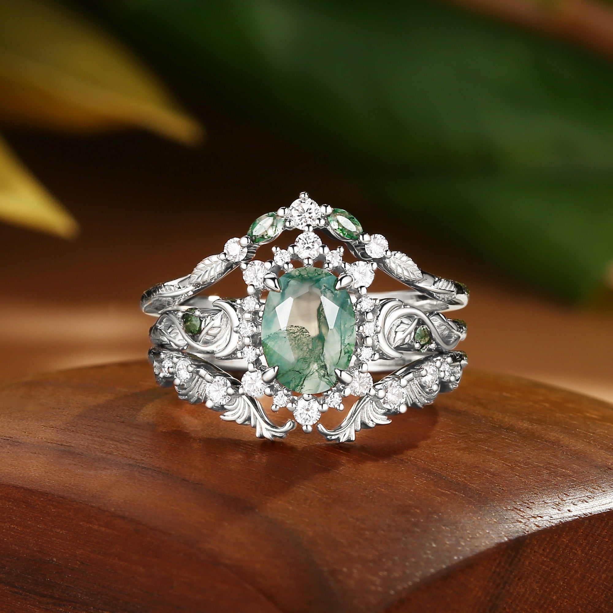 Oriana - Acanthus Leaves Moss Agate Engagement Ring Set 3pcs