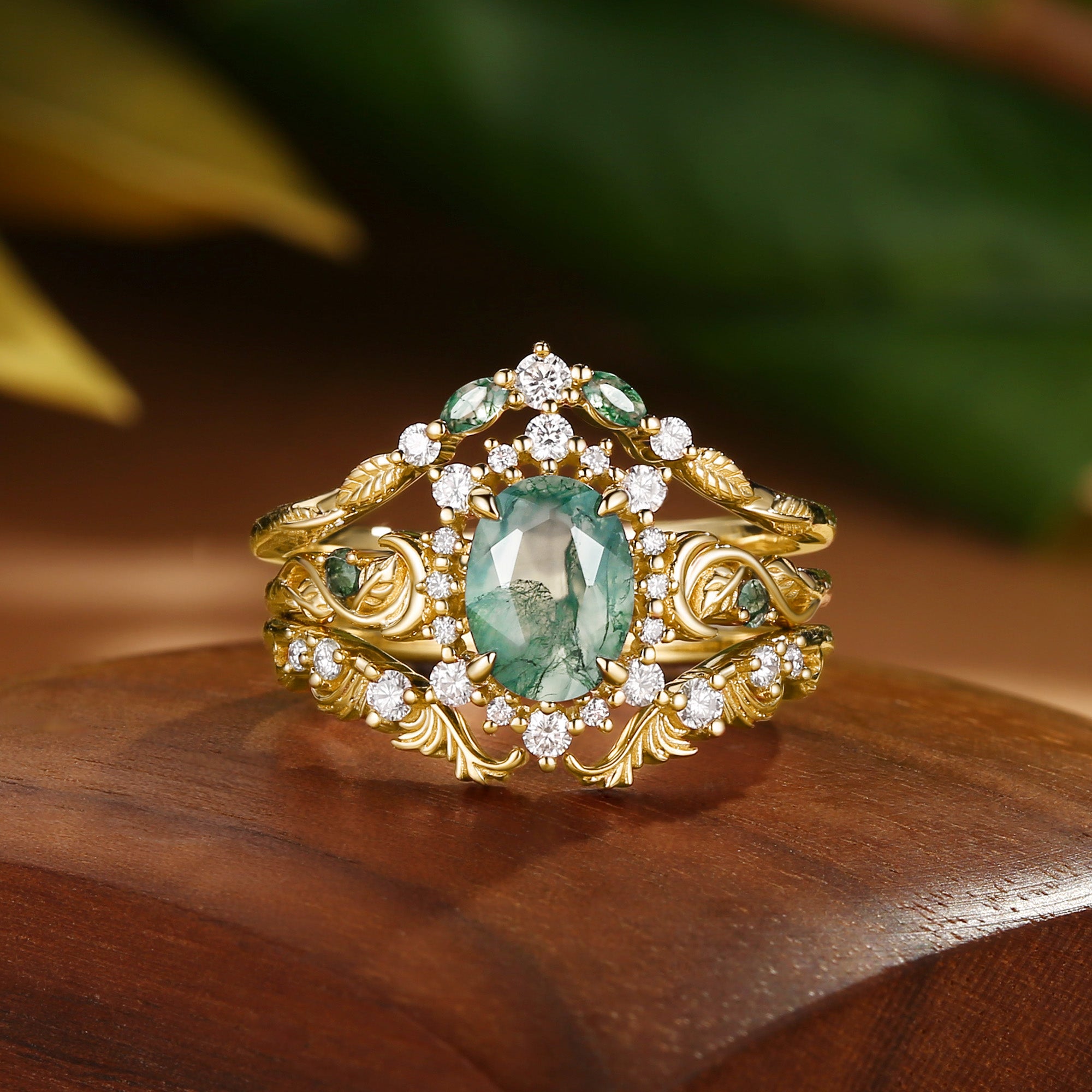 Oriana - Acanthus Leaves Moss Agate Engagement Ring Set 3pcs