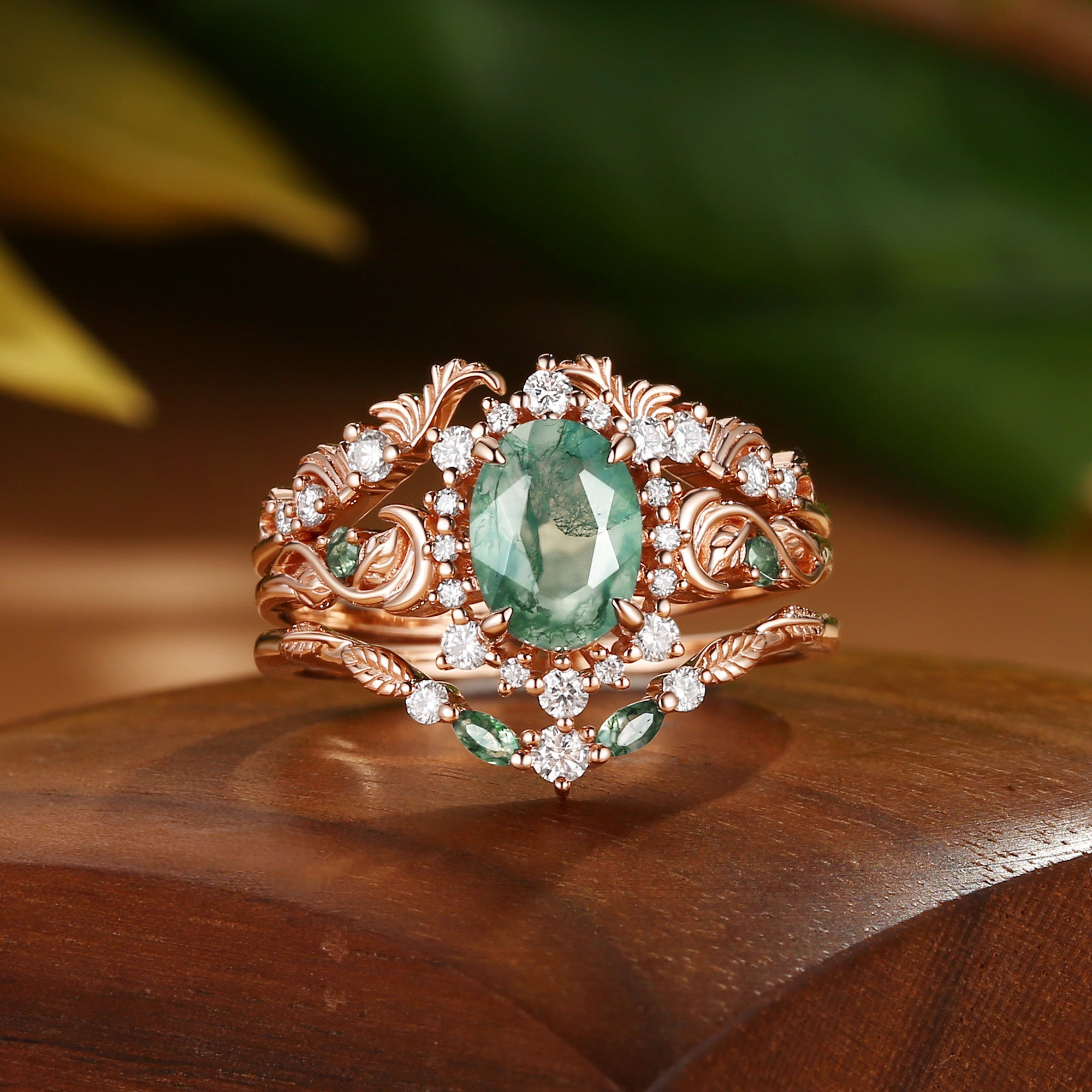Oriana - Acanthus Leaves Moss Agate Engagement Ring Set 3pcs