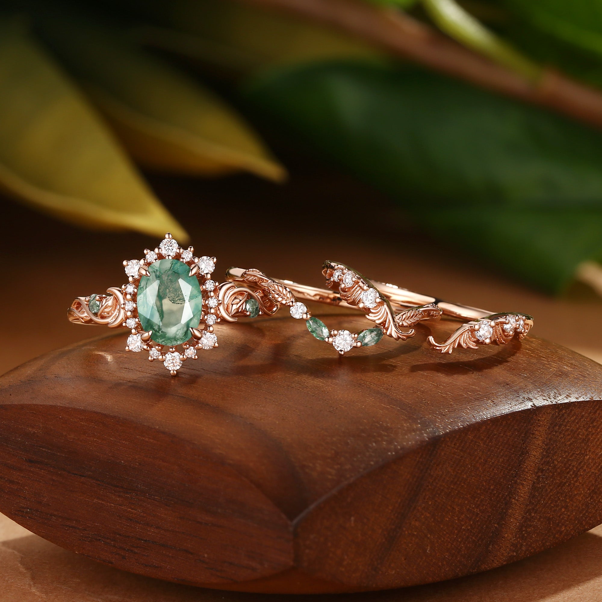 Oriana - Acanthus Leaves Moss Agate Engagement Ring Set 3pcs