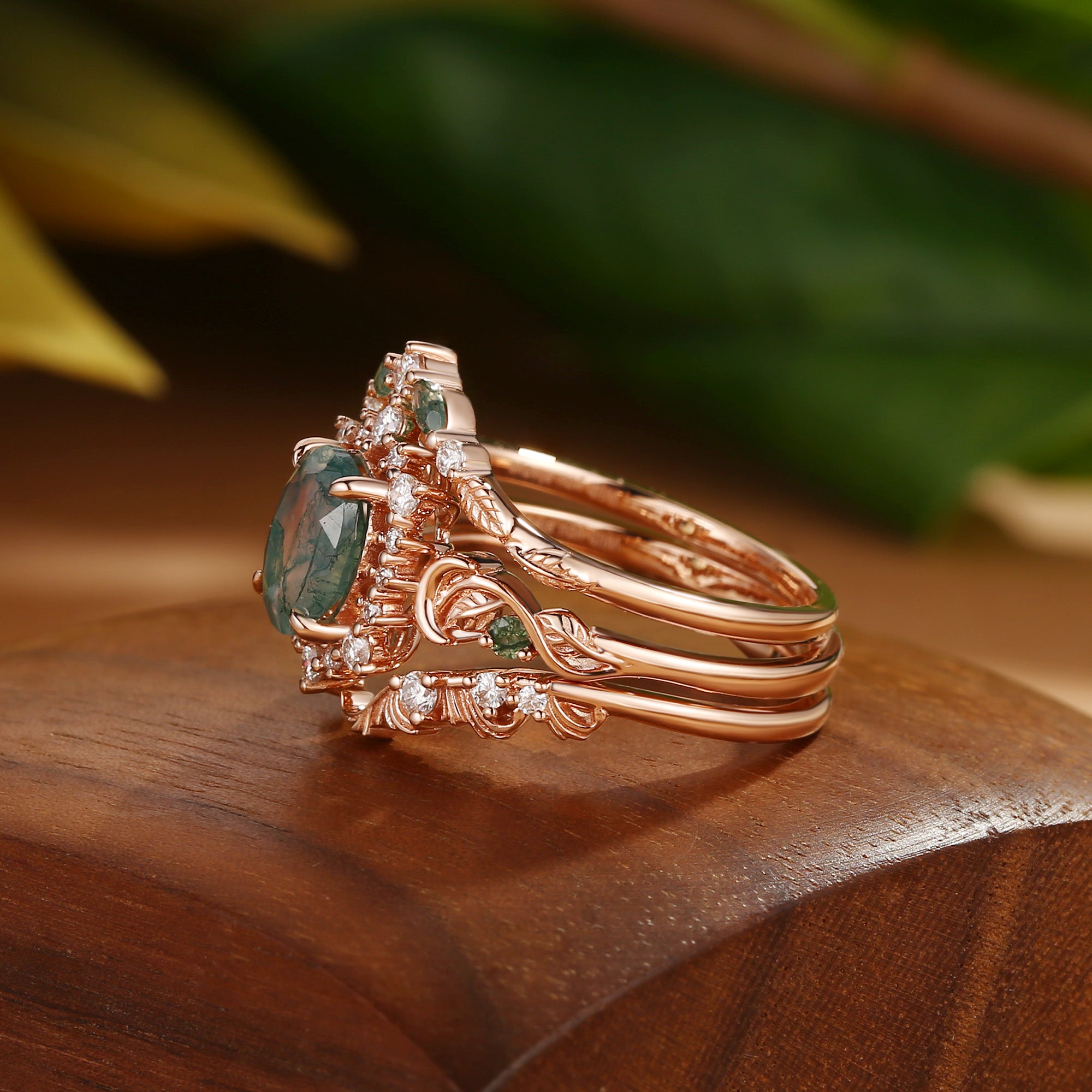 Oriana - Acanthus Leaves Moss Agate Engagement Ring Set 3pcs