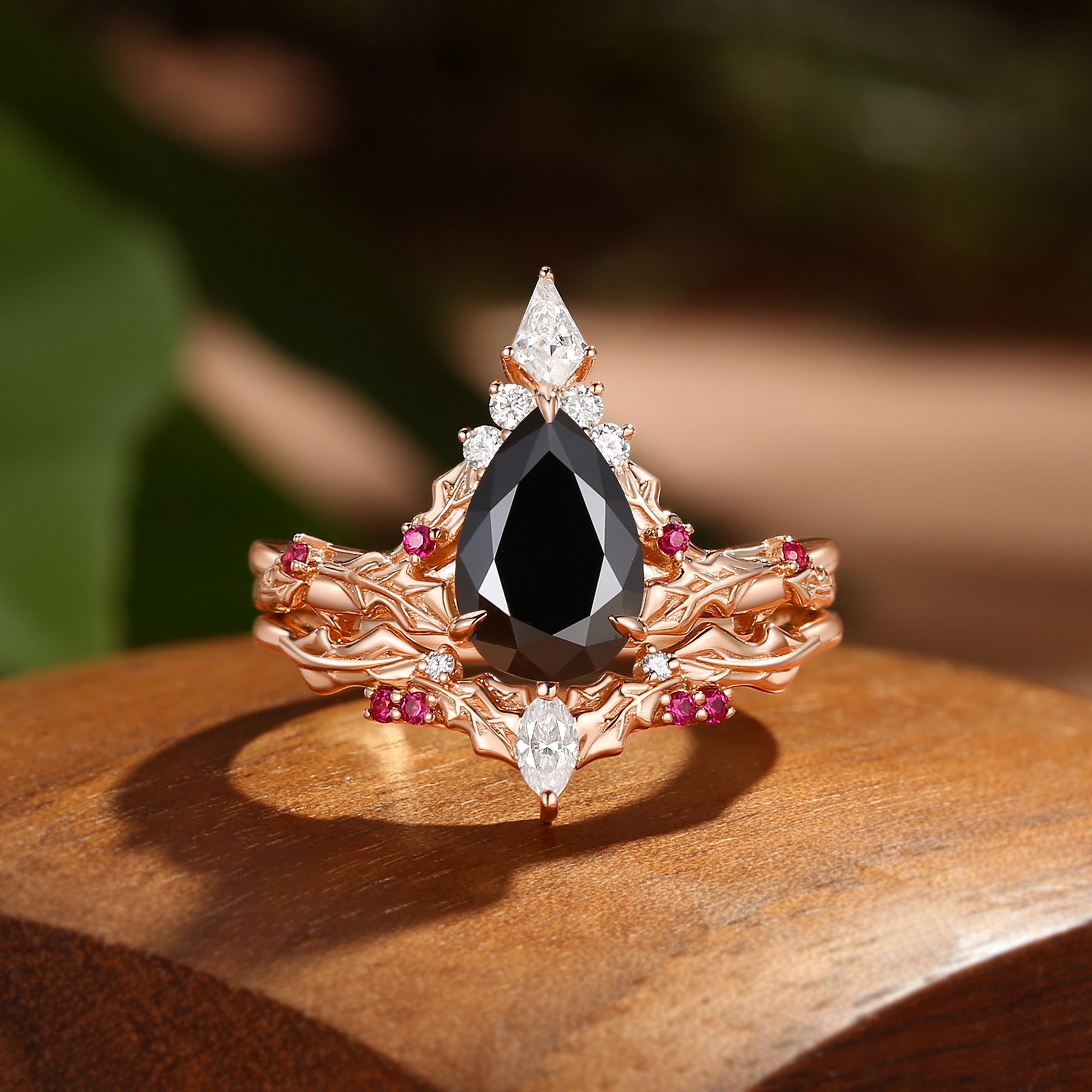 Victoria - Pear Cut Black Moissanite & Natural Ruby Holly Leaf Engagement Ring Set 2PCS