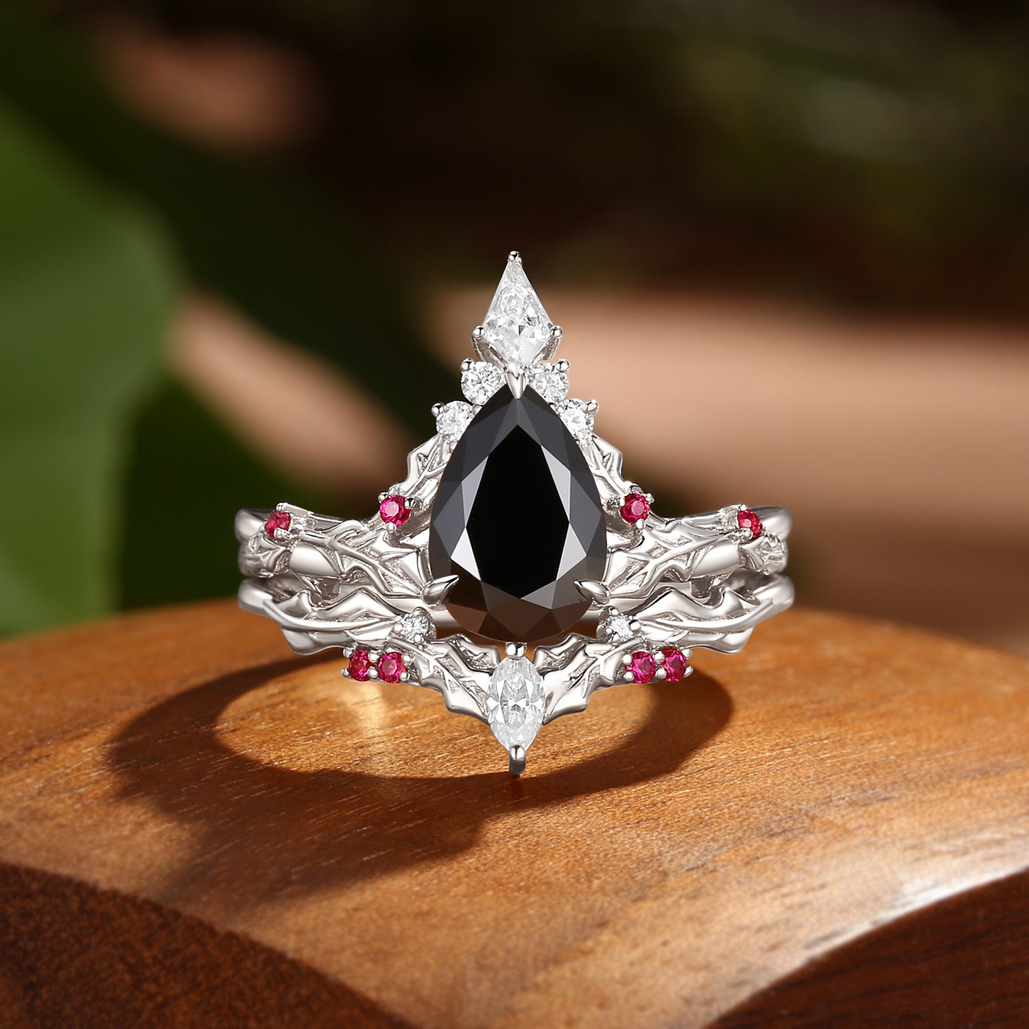 Victoria - Pear Cut Black Moissanite & Natural Ruby Holly Leaf Engagement Ring Set 2PCS