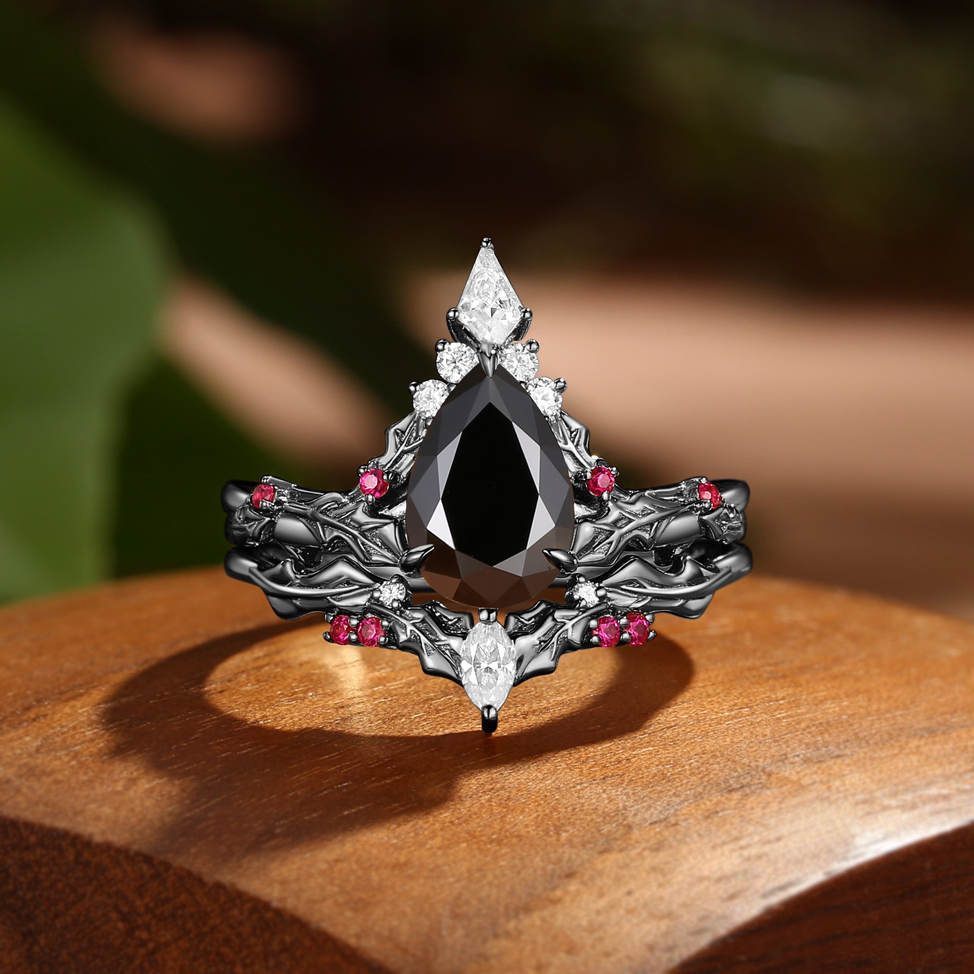 Victoria - Pear Cut Black Moissanite & Natural Ruby Holly Leaf Engagement Ring Set 2PCS