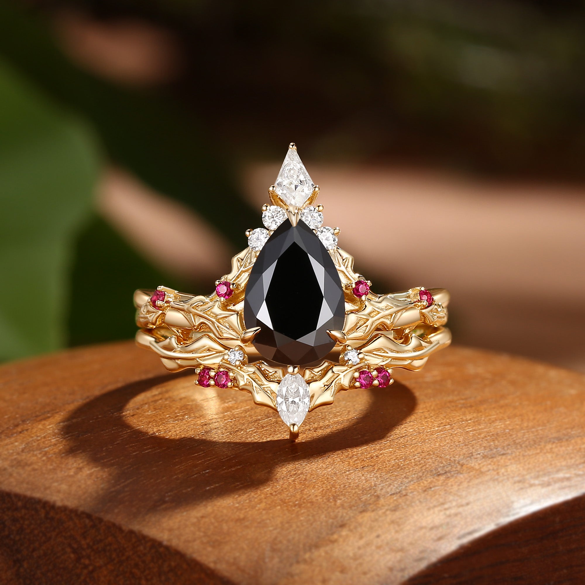 Victoria - Pear Cut Black Moissanite & Natural Ruby Holly Leaf Engagement Ring Set 2PCS
