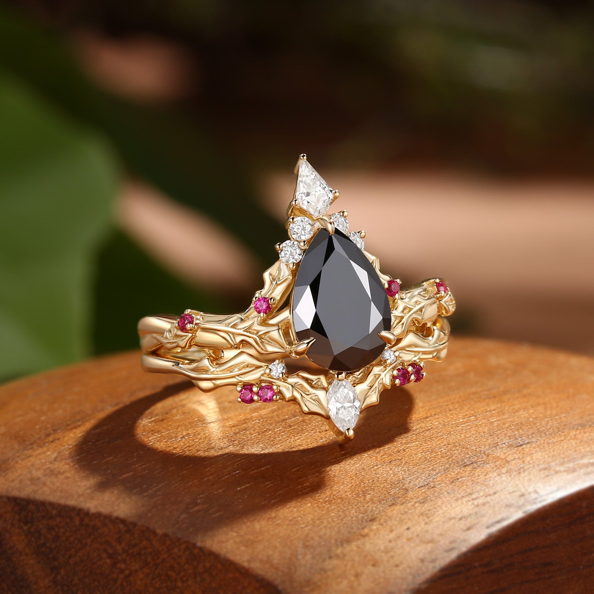 Victoria - Pear Cut Black Moissanite & Natural Ruby Holly Leaf Engagement Ring Set 2PCS