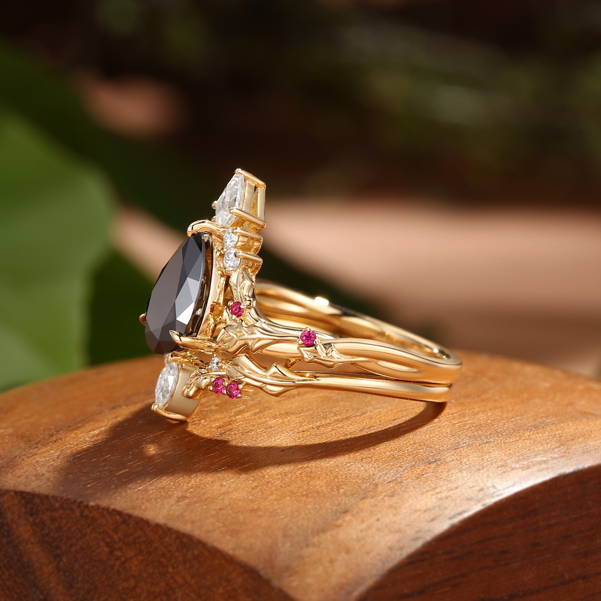 Victoria - Pear Cut Black Moissanite & Natural Ruby Holly Leaf Engagement Ring Set 2PCS