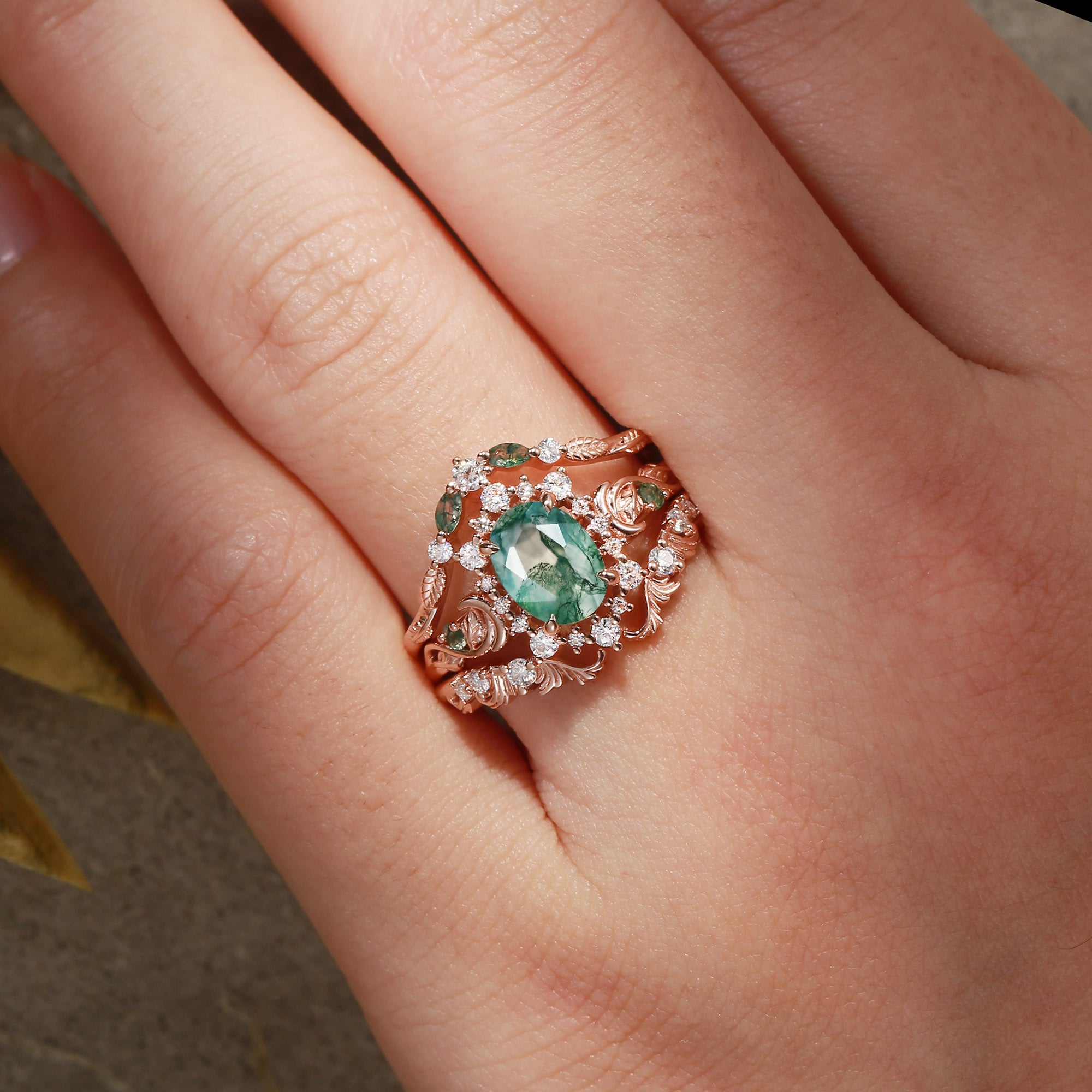 Oriana - Acanthus Leaves Moss Agate Engagement Ring Set 3pcs