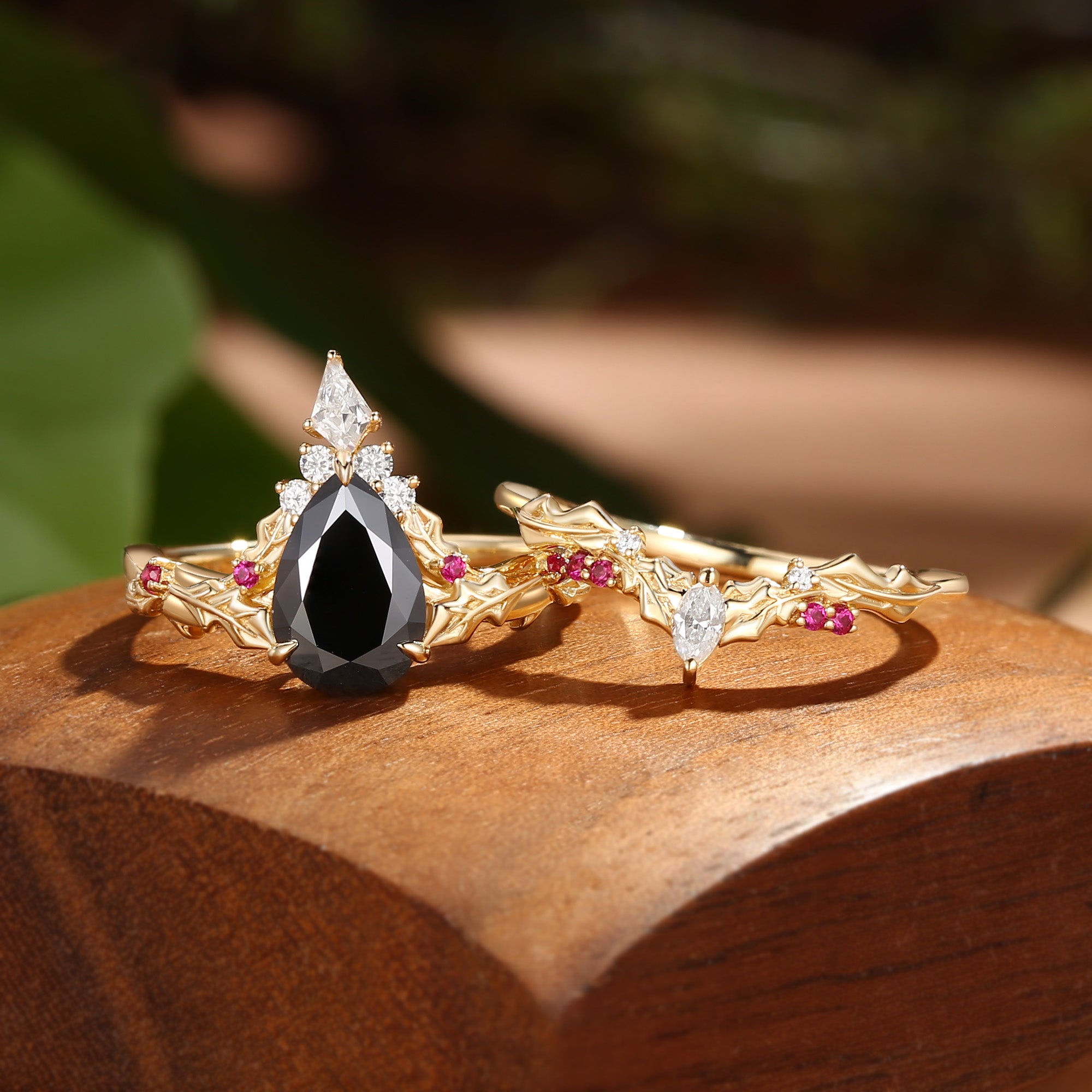 Victoria - Pear Cut Black Moissanite & Natural Ruby Holly Leaf Engagement Ring Set 2PCS