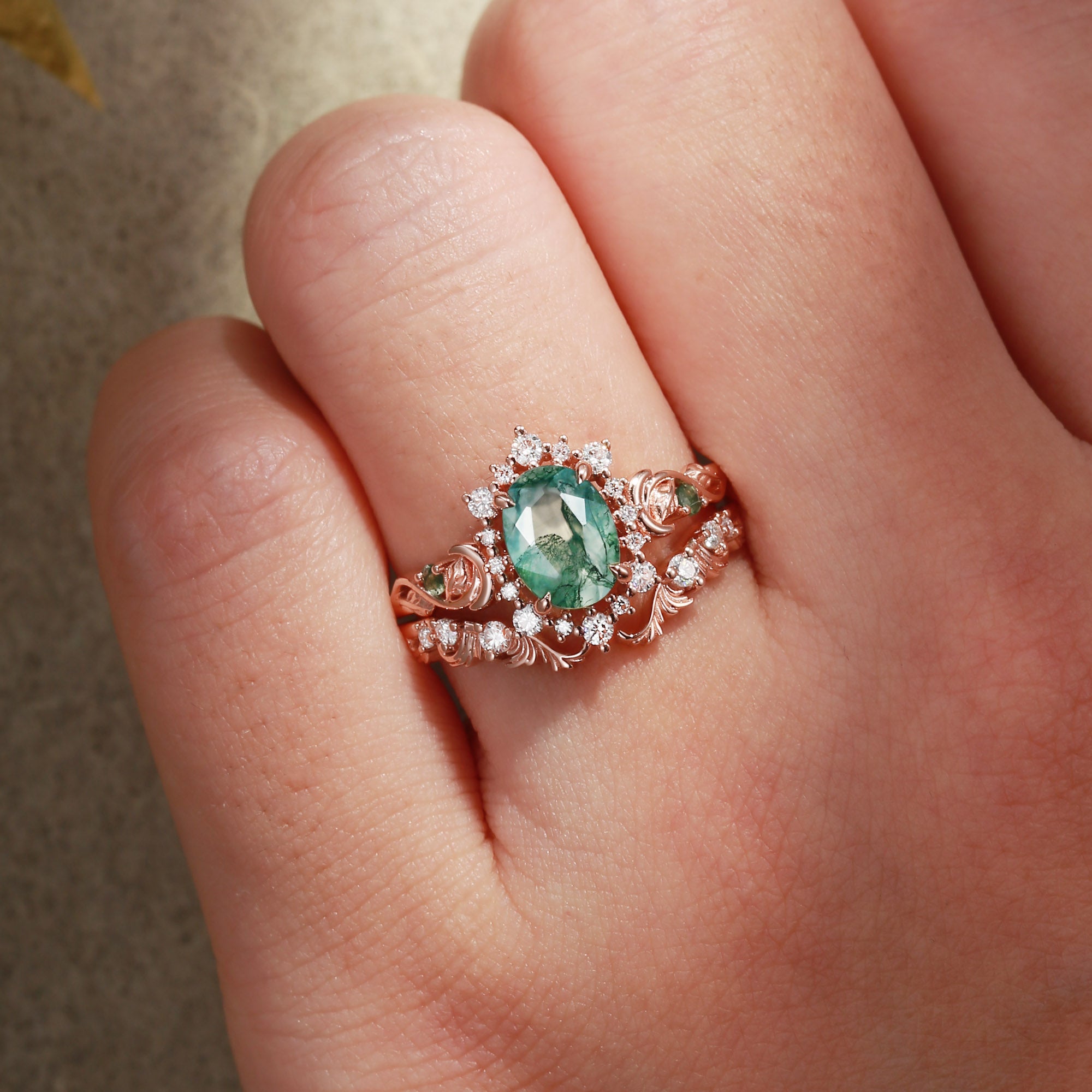 Oriana - Acanthus Leaves Moss Agate Engagement Ring Set 2pcs