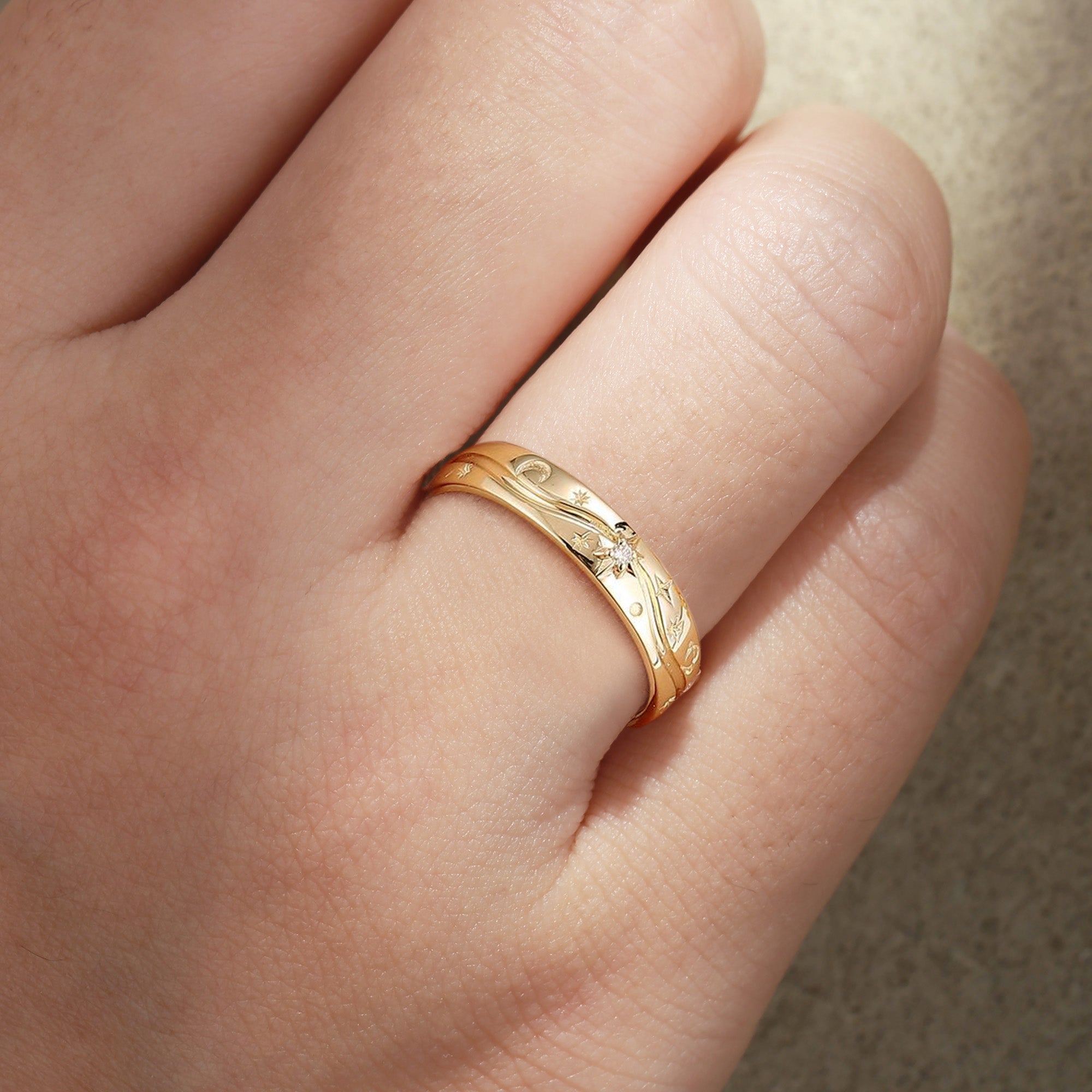 Unique Star Moissanite Solid Gold Handmade Men's Wedding Ring