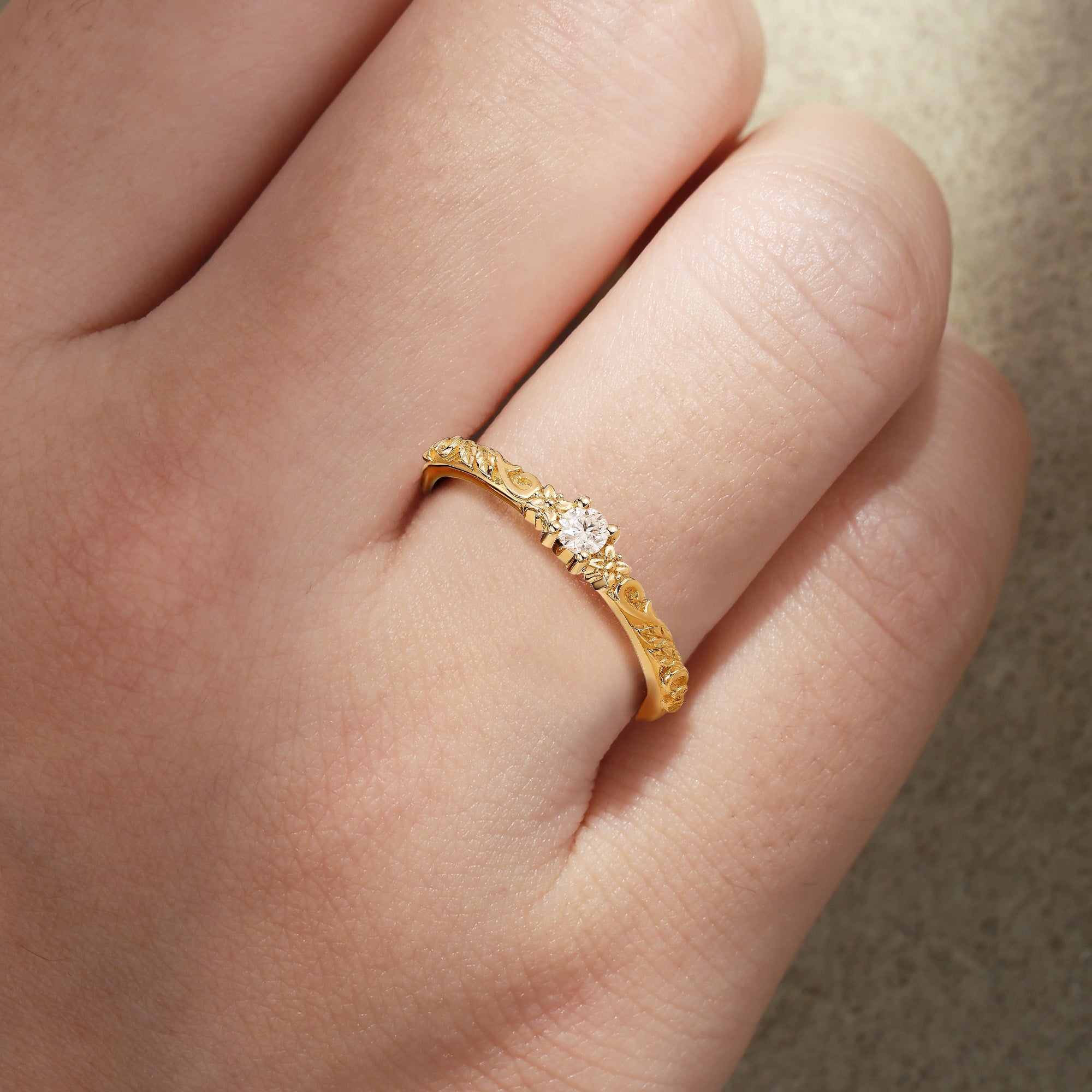 Nature Inspired Moissanite Engraved Floral Wedding Ring