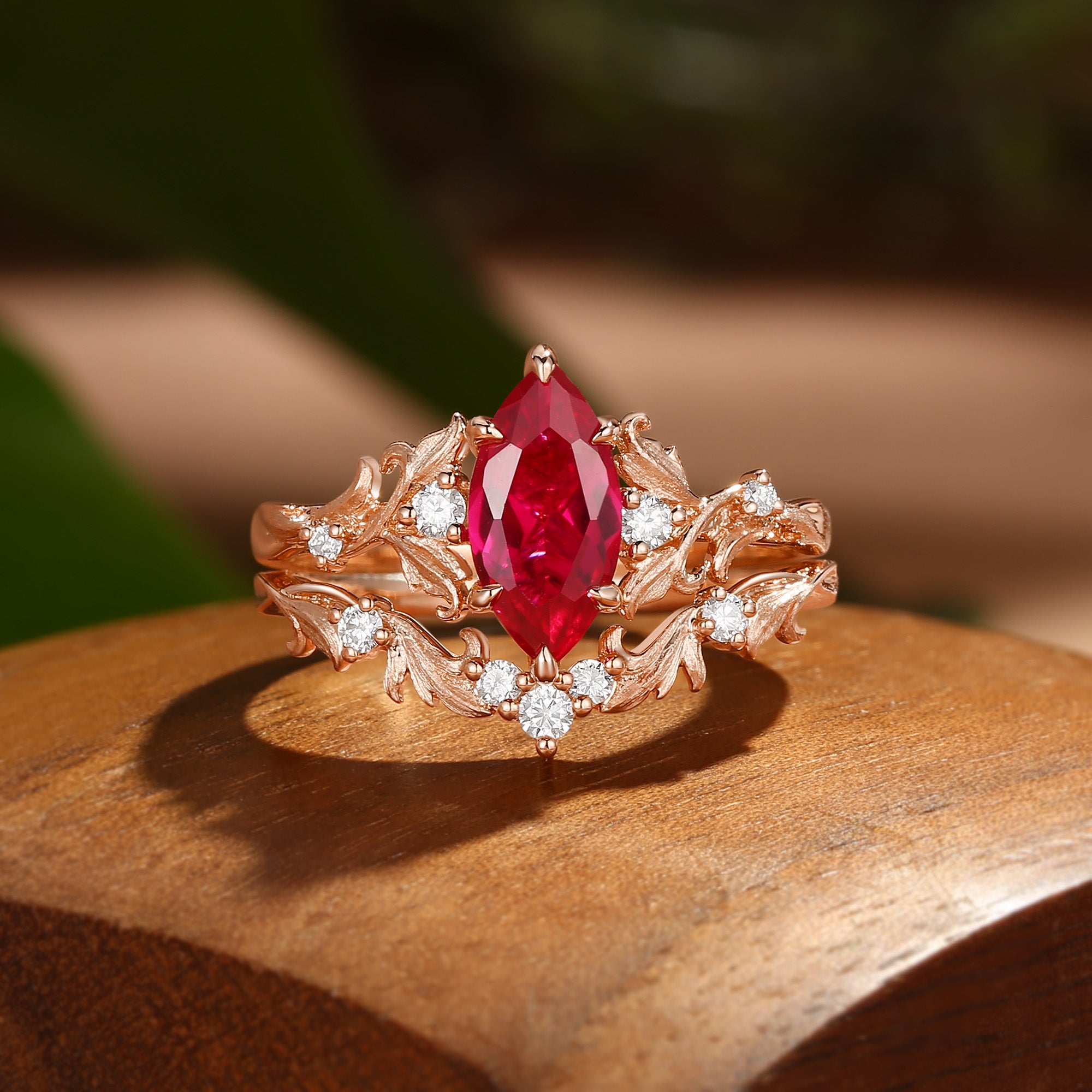 Rosa - Marquise Cut Ruby Acanthus Inspired Art Deco Bridal Set 2pcs