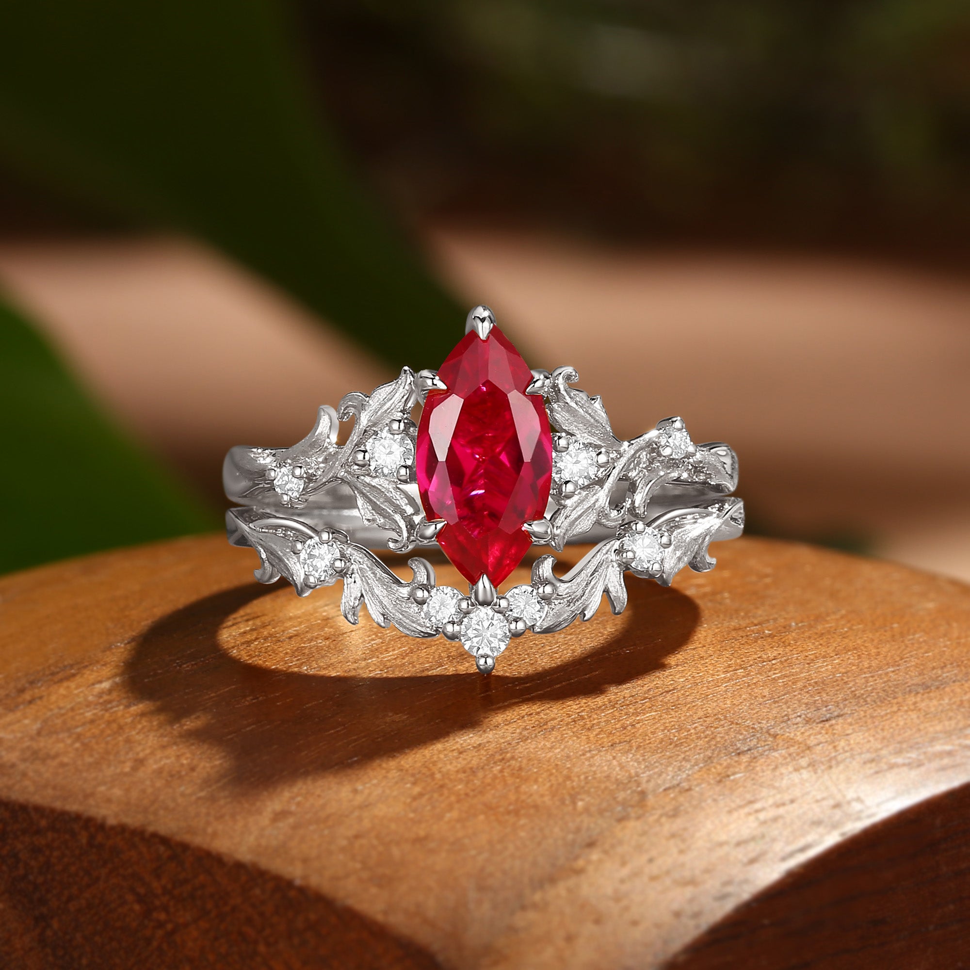 Rosa - Marquise Cut Ruby Acanthus Inspired Art Deco Bridal Set 2pcs