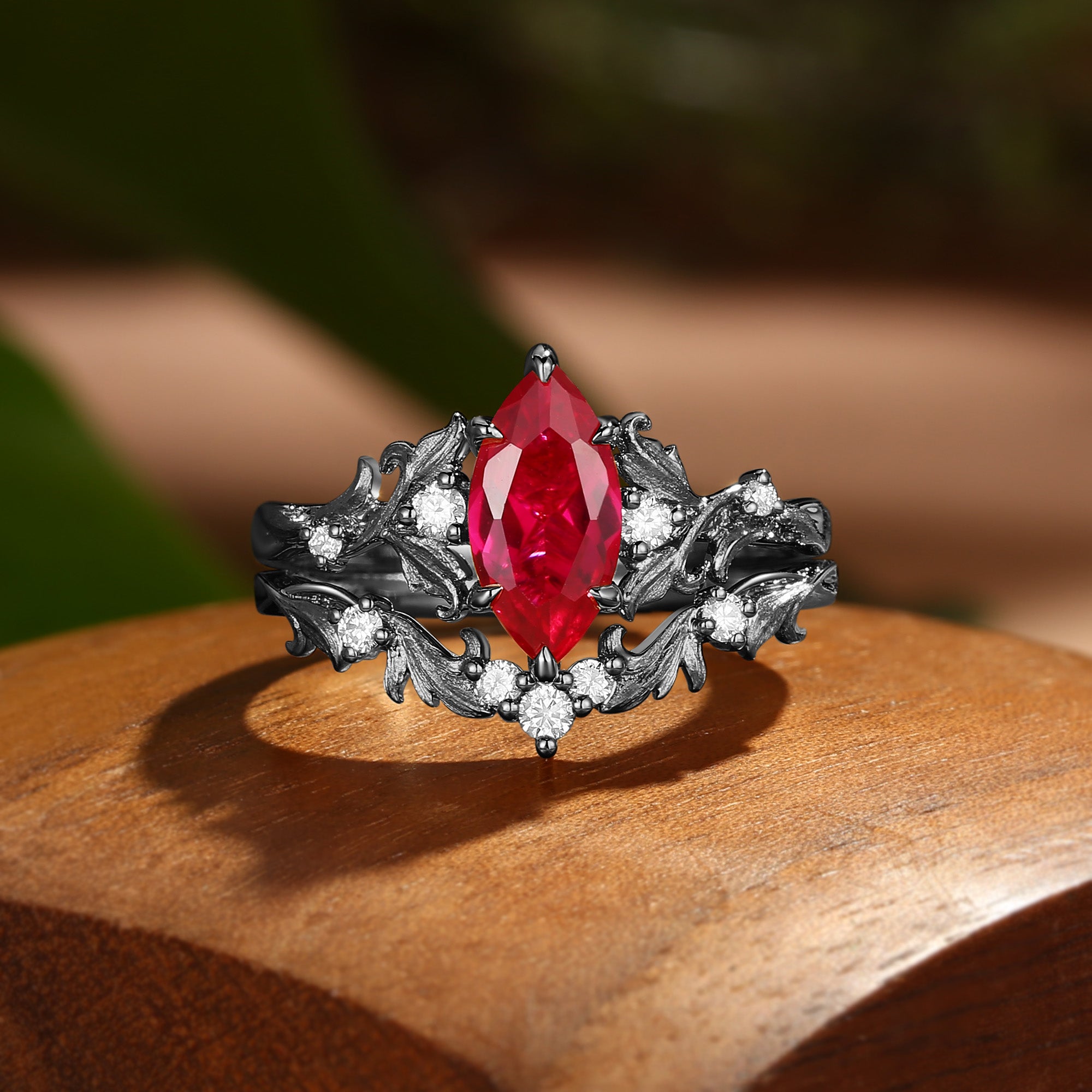 Rosa - Marquise Cut Ruby Acanthus Inspired Art Deco Bridal Set 2pcs