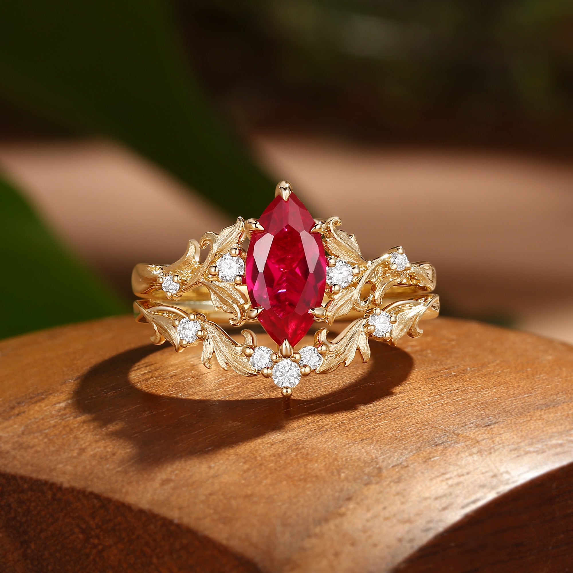 Rosa - Marquise Cut Ruby Acanthus Inspired Art Deco Bridal Set 2pcs