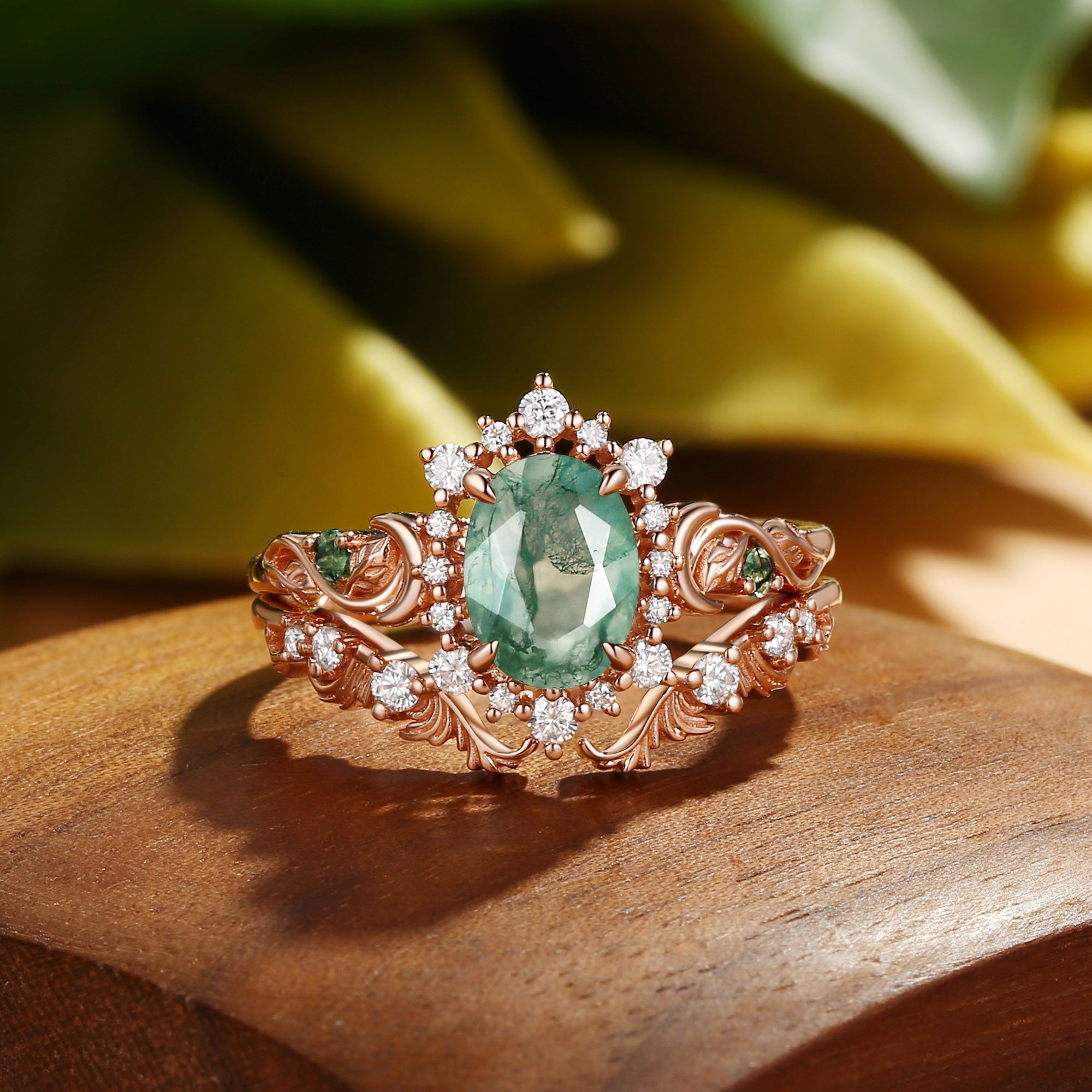 Oriana - Acanthus Leaves Moss Agate Engagement Ring Set 2pcs