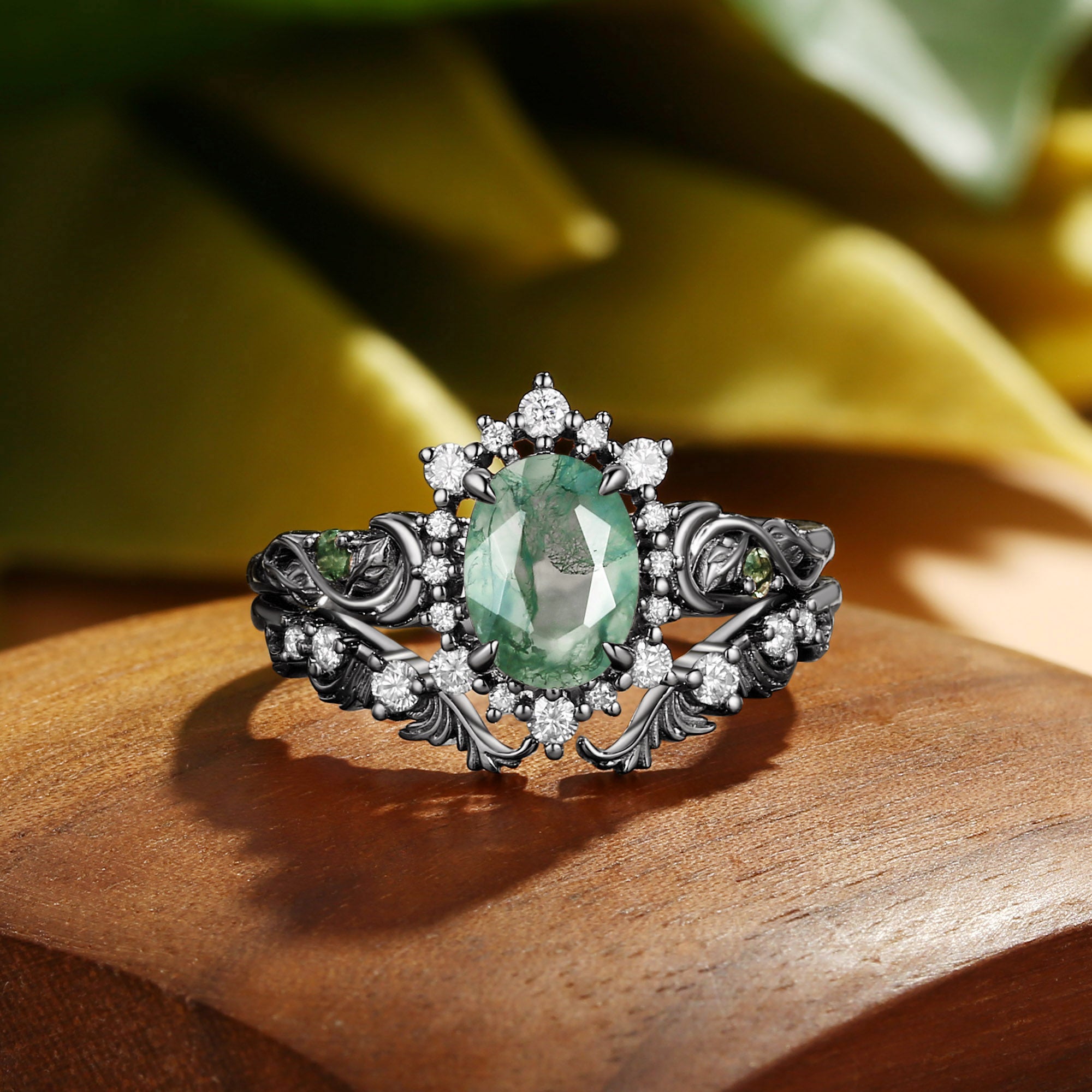 Oriana - Acanthus Leaves Moss Agate Engagement Ring Set 2pcs