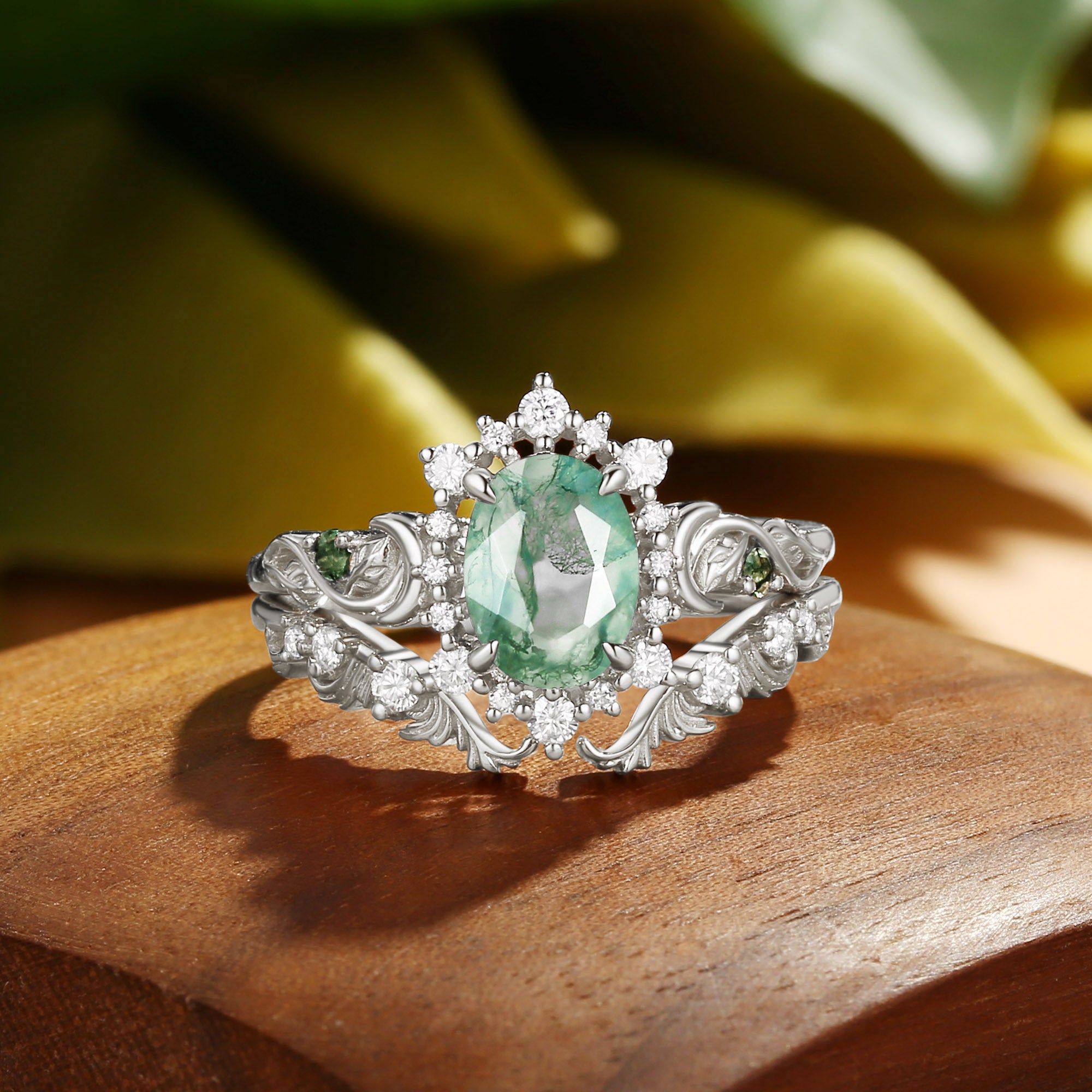 Oriana - Acanthus Leaves Moss Agate Engagement Ring Set 2pcs