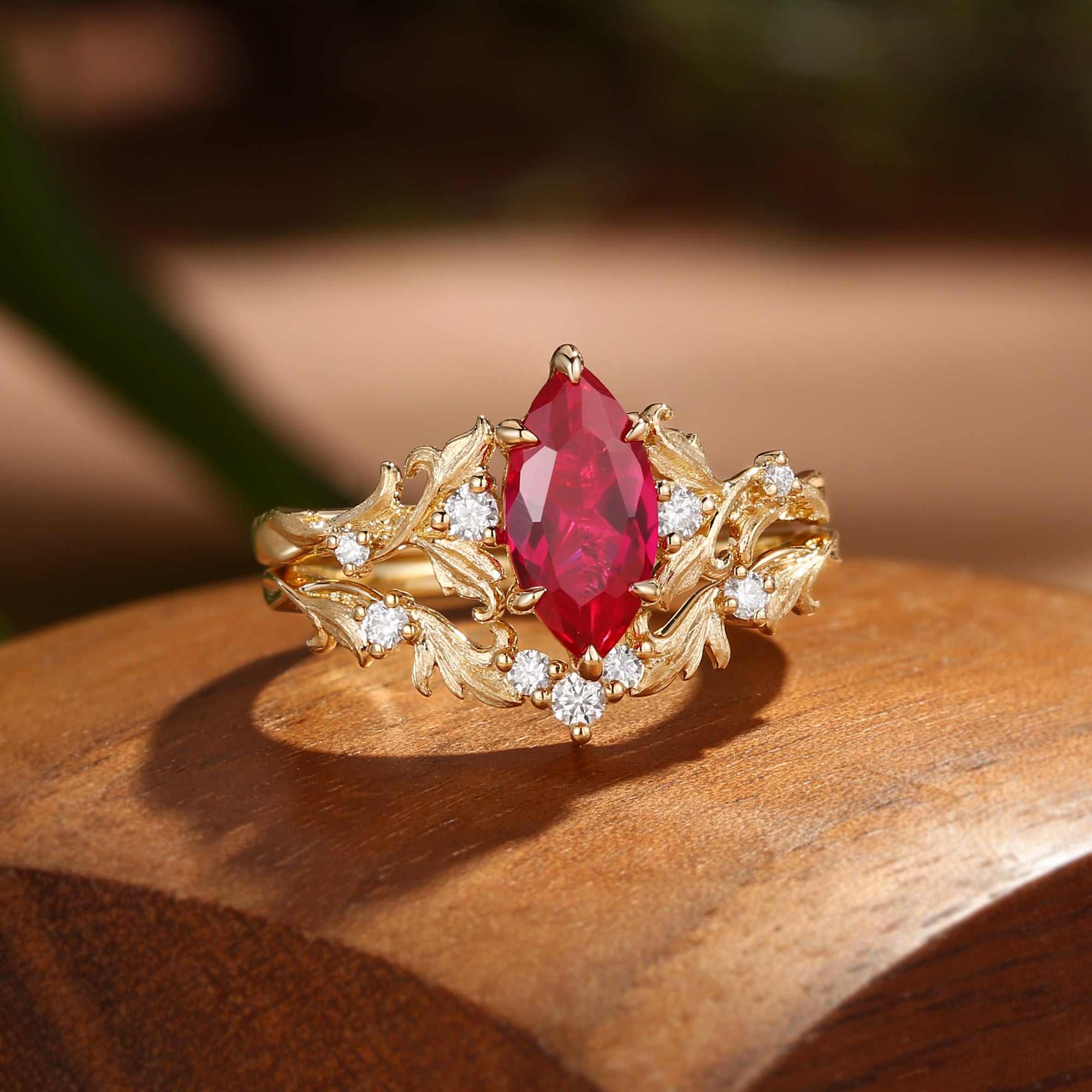 Rosa - Marquise Cut Ruby Acanthus Inspired Art Deco Bridal Set 2pcs