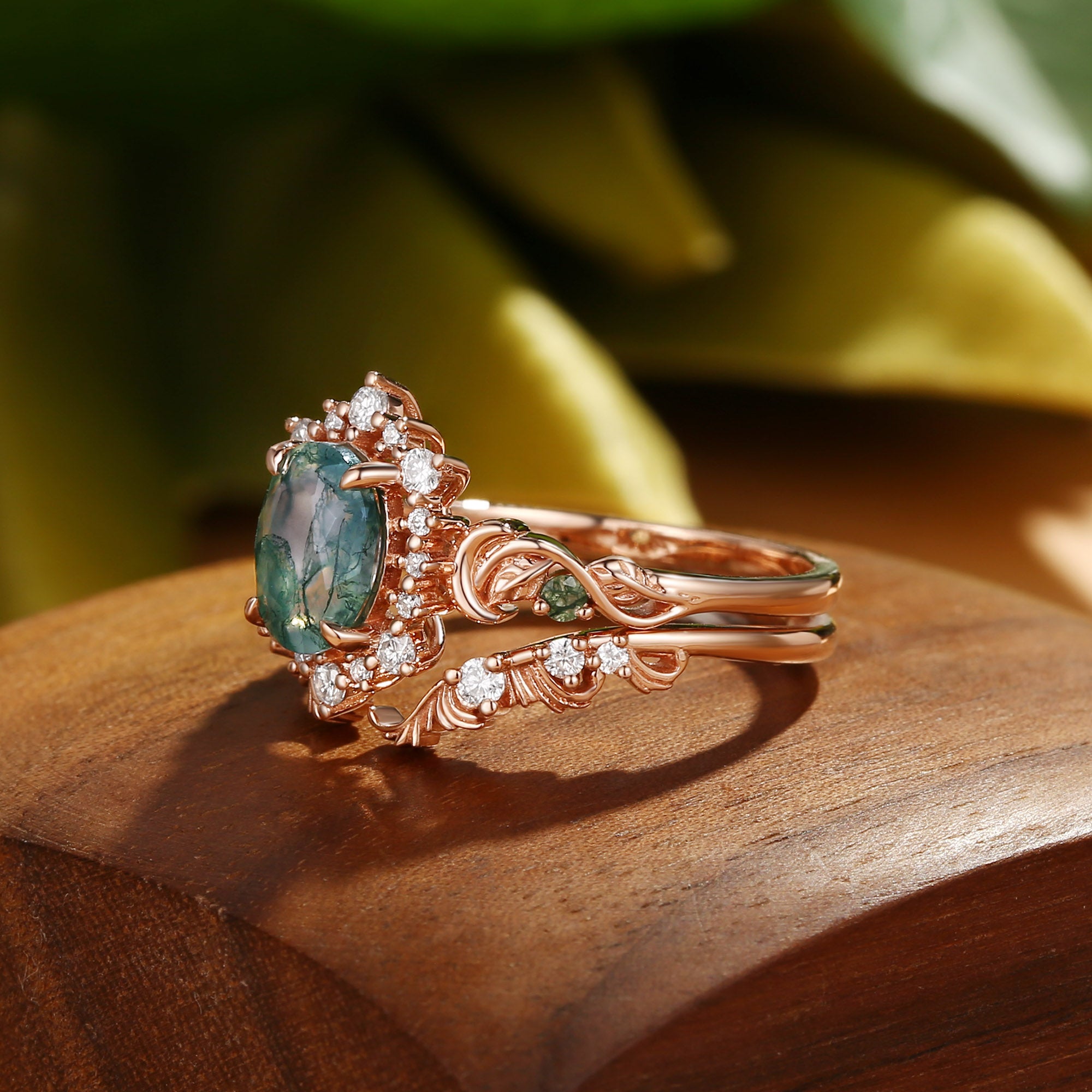 Oriana - Acanthus Leaves Moss Agate Engagement Ring Set 2pcs