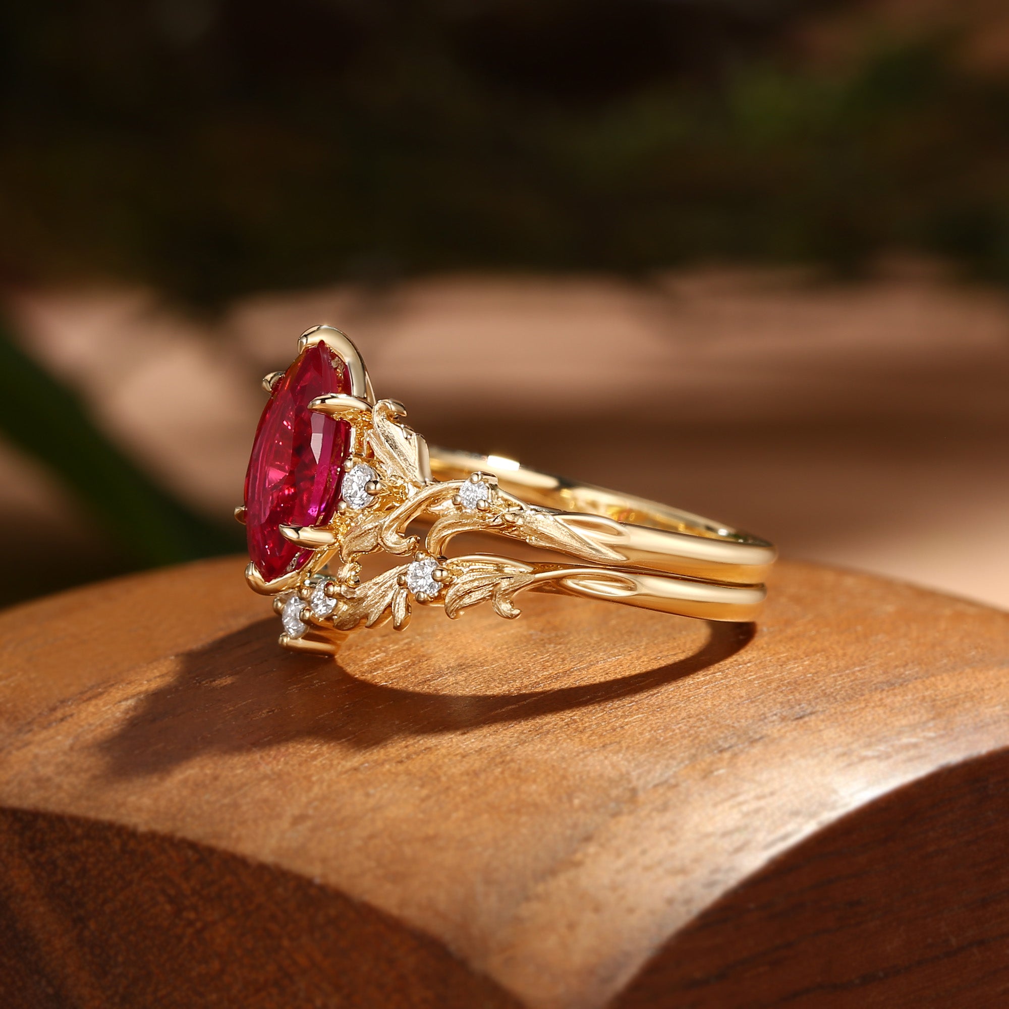 Rosa - Marquise Cut Ruby Acanthus Inspired Art Deco Bridal Set 2pcs