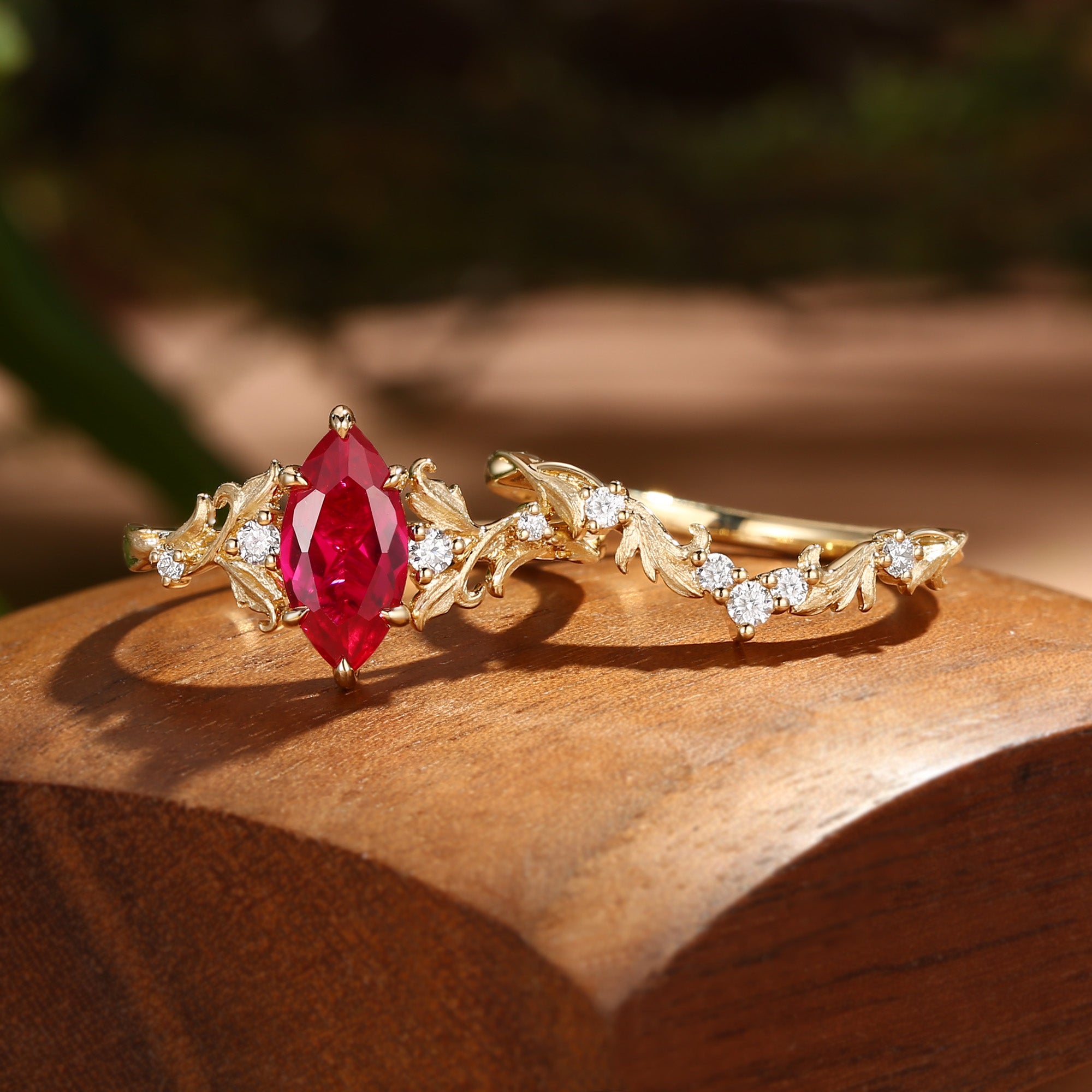 Rosa - Marquise Cut Ruby Acanthus Inspired Art Deco Bridal Set 2pcs