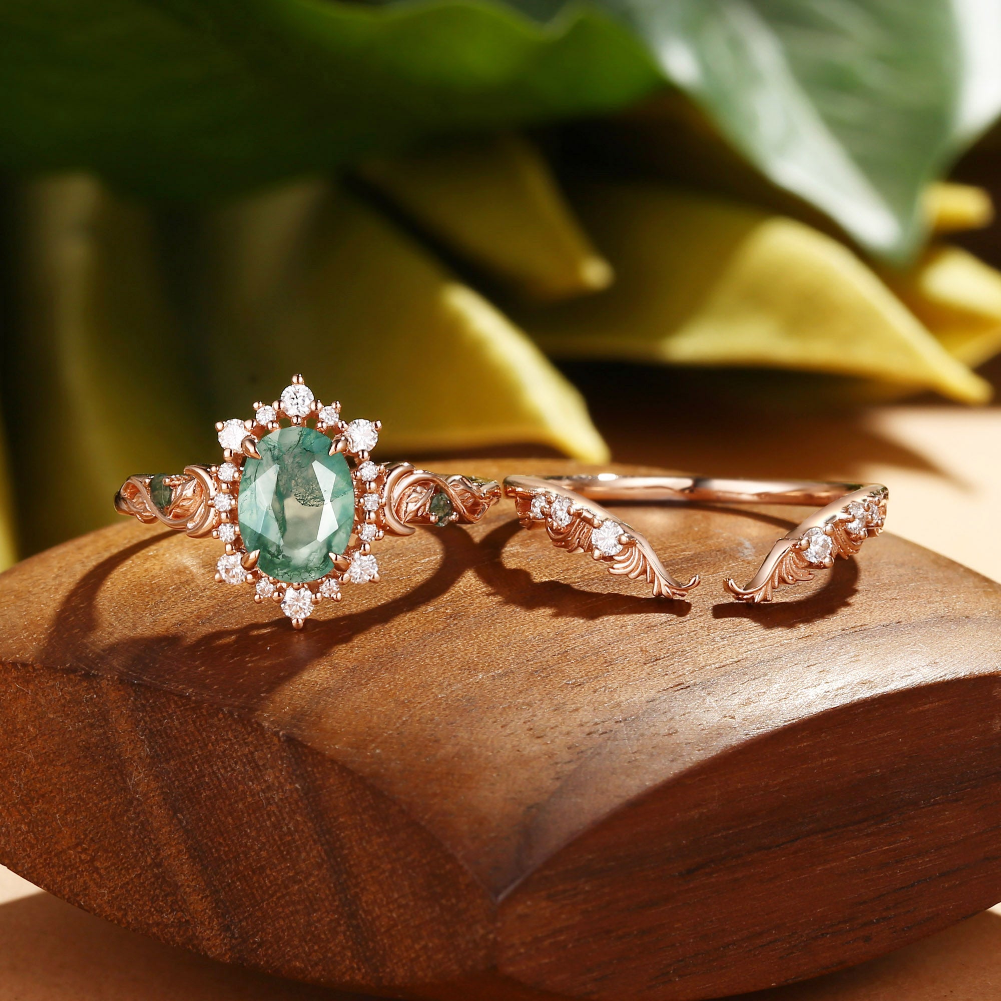 Oriana - Acanthus Leaves Moss Agate Engagement Ring Set 2pcs