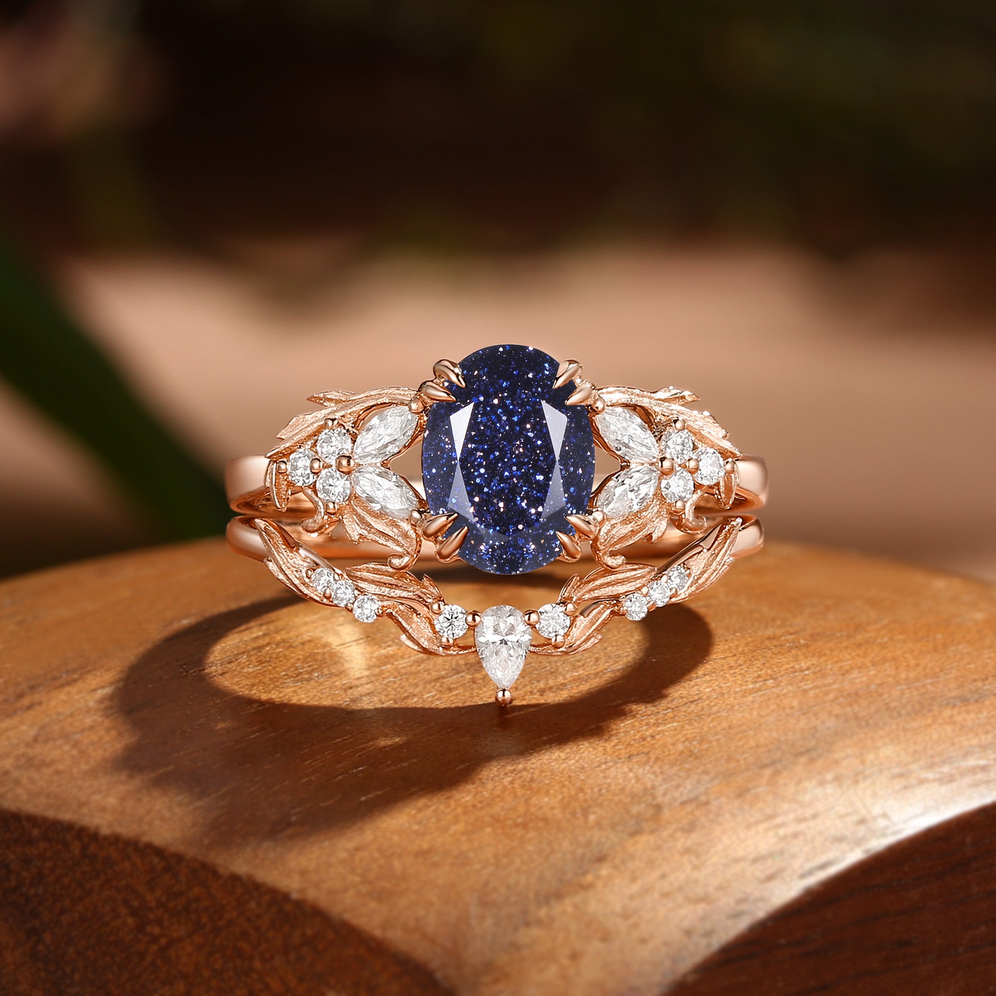 Basilia - Oval Cut Blue Sandstone Acanthus Leaf Inspired Art Deco Bridal Set 2pcs