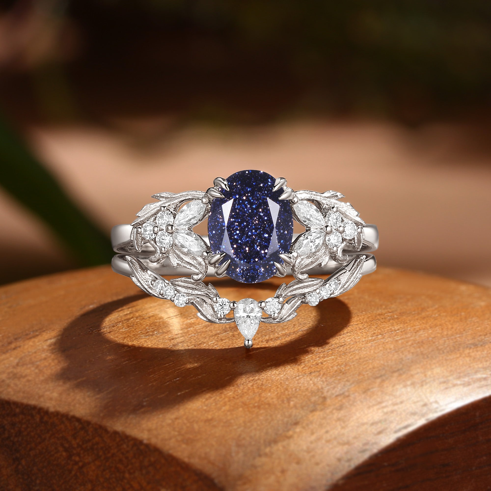 Basilia - Oval Cut Blue Sandstone Acanthus Leaf Inspired Art Deco Bridal Set 2pcs