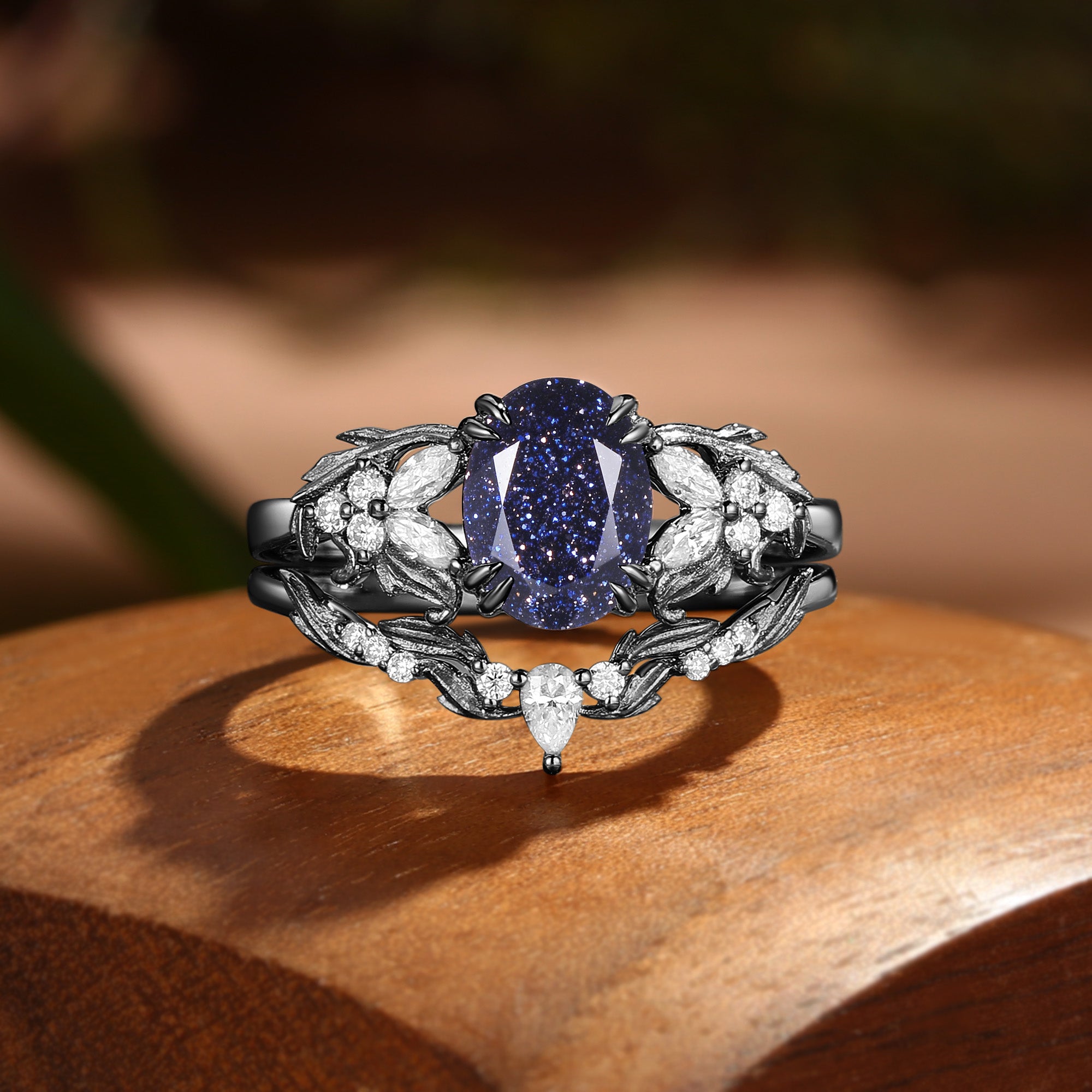 Basilia - Oval Cut Blue Sandstone Acanthus Leaf Inspired Art Deco Bridal Set 2pcs