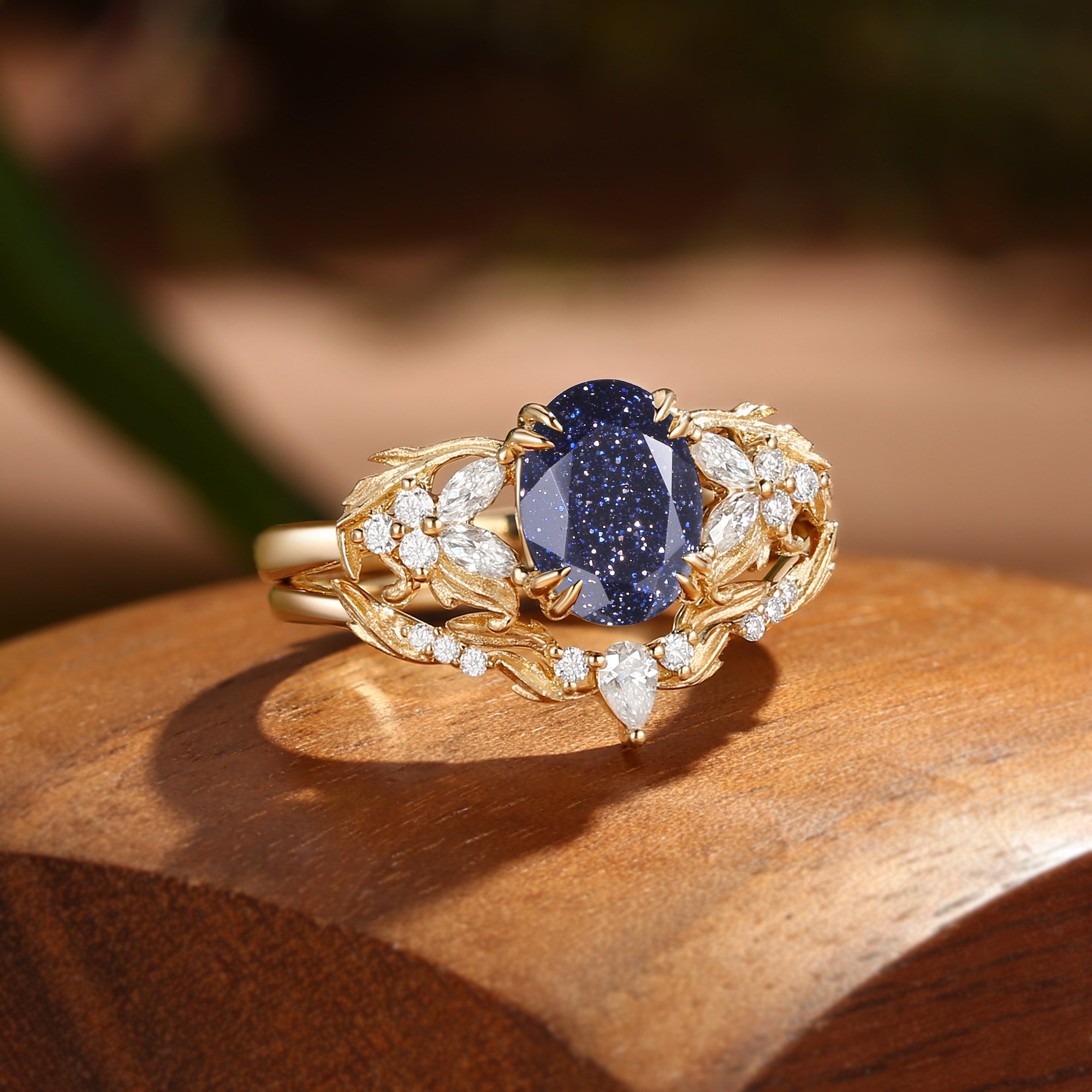 Basilia - Oval Cut Blue Sandstone Acanthus Leaf Inspired Art Deco Bridal Set 2pcs