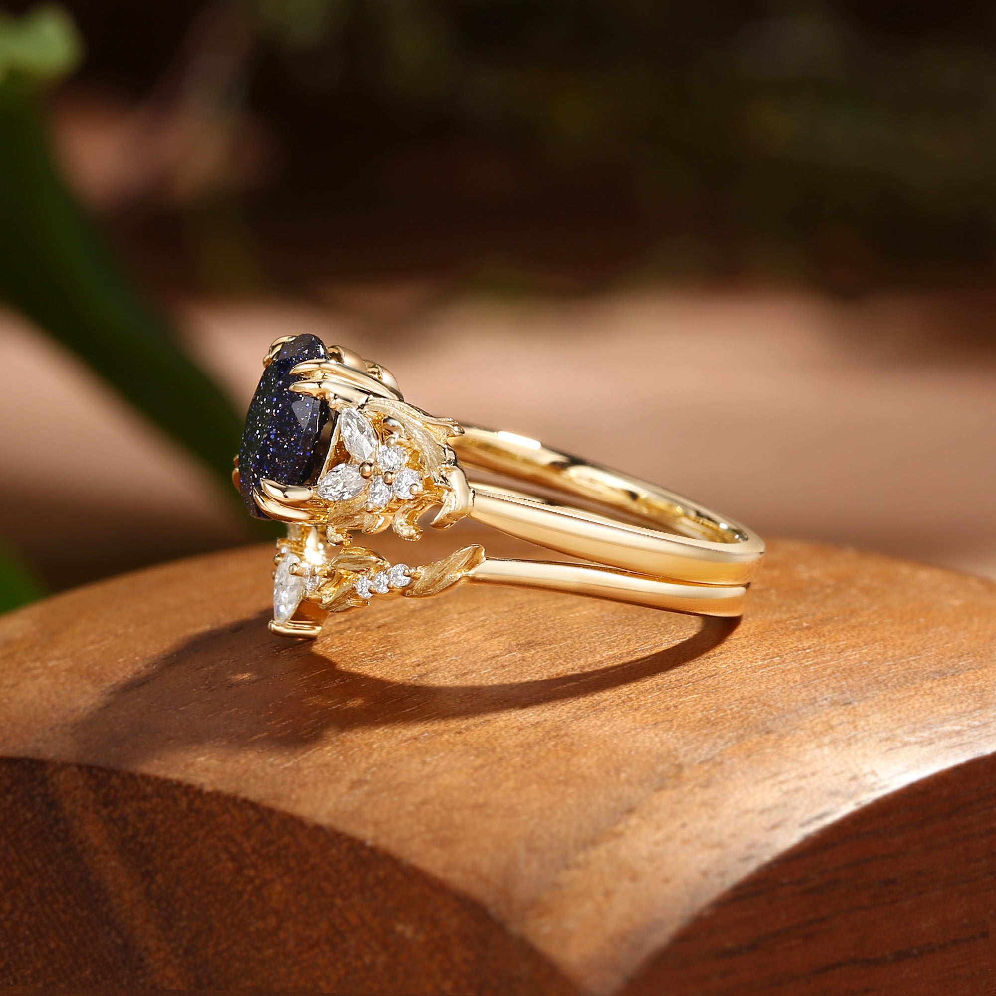 Basilia - Oval Cut Blue Sandstone Acanthus Leaf Inspired Art Deco Bridal Set 2pcs