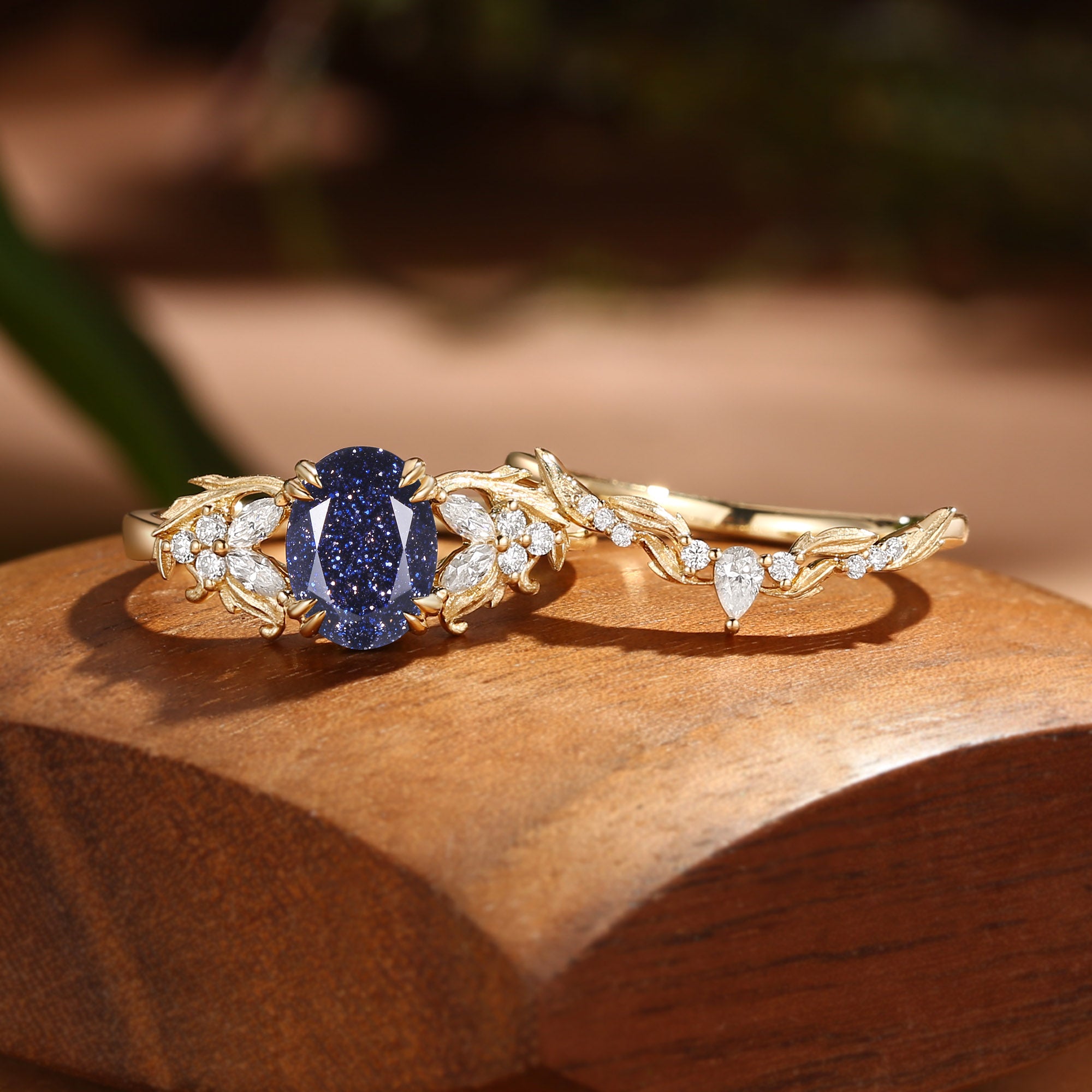 Basilia - Oval Cut Blue Sandstone Acanthus Leaf Inspired Art Deco Bridal Set 2pcs