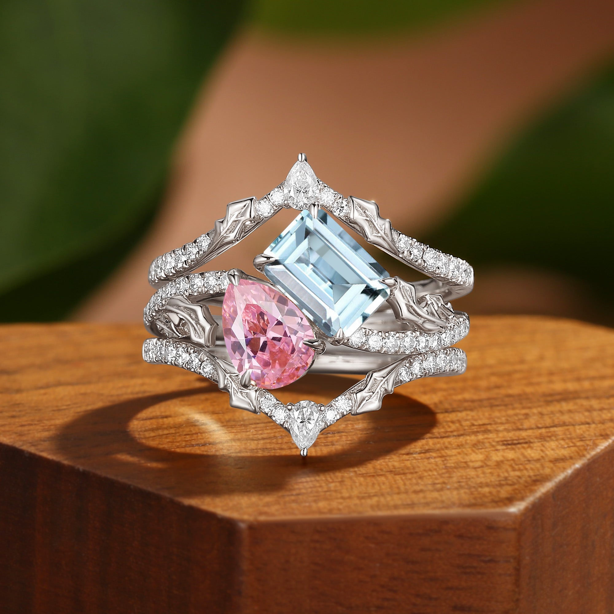 Fae - Tio et Mio Pink Tourmaline & Aquamarine Holly Leaf Fairytale Bridal Set 3pcs