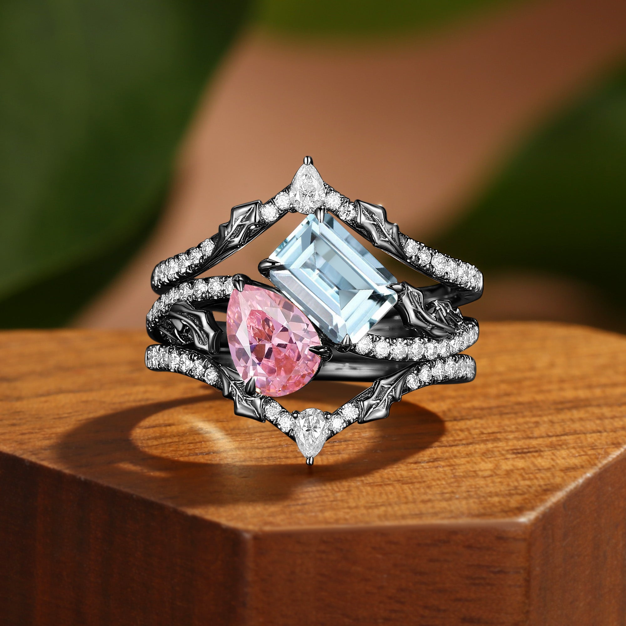 Fae - Tio et Mio Pink Tourmaline & Aquamarine Holly Leaf Fairytale Bridal Set 3pcs