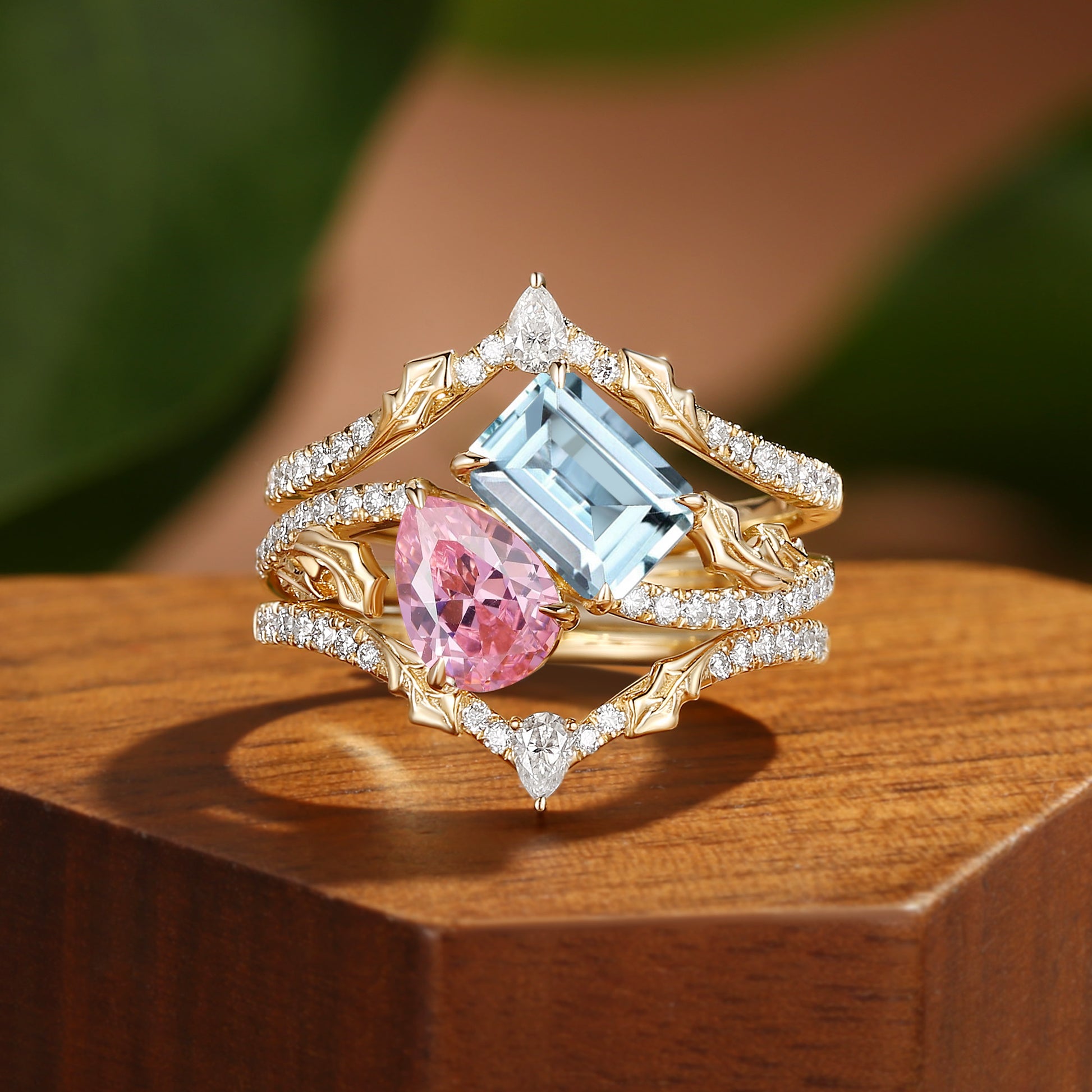 Fae - Tio et Mio Pink Tourmaline & Aquamarine Holly Leaf Fairytale Bridal Set 3pcs