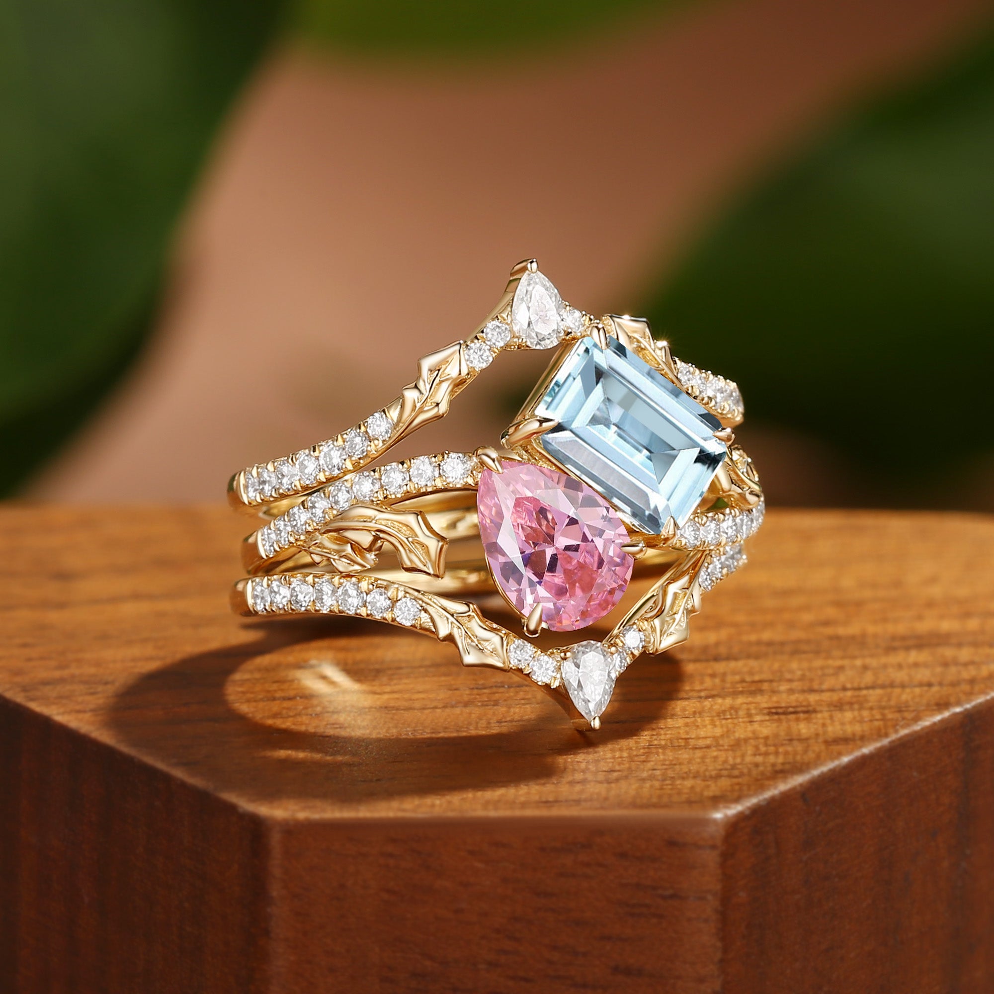 Fae - Tio et Mio Pink Tourmaline & Aquamarine Holly Leaf Fairytale Bridal Set 3pcs