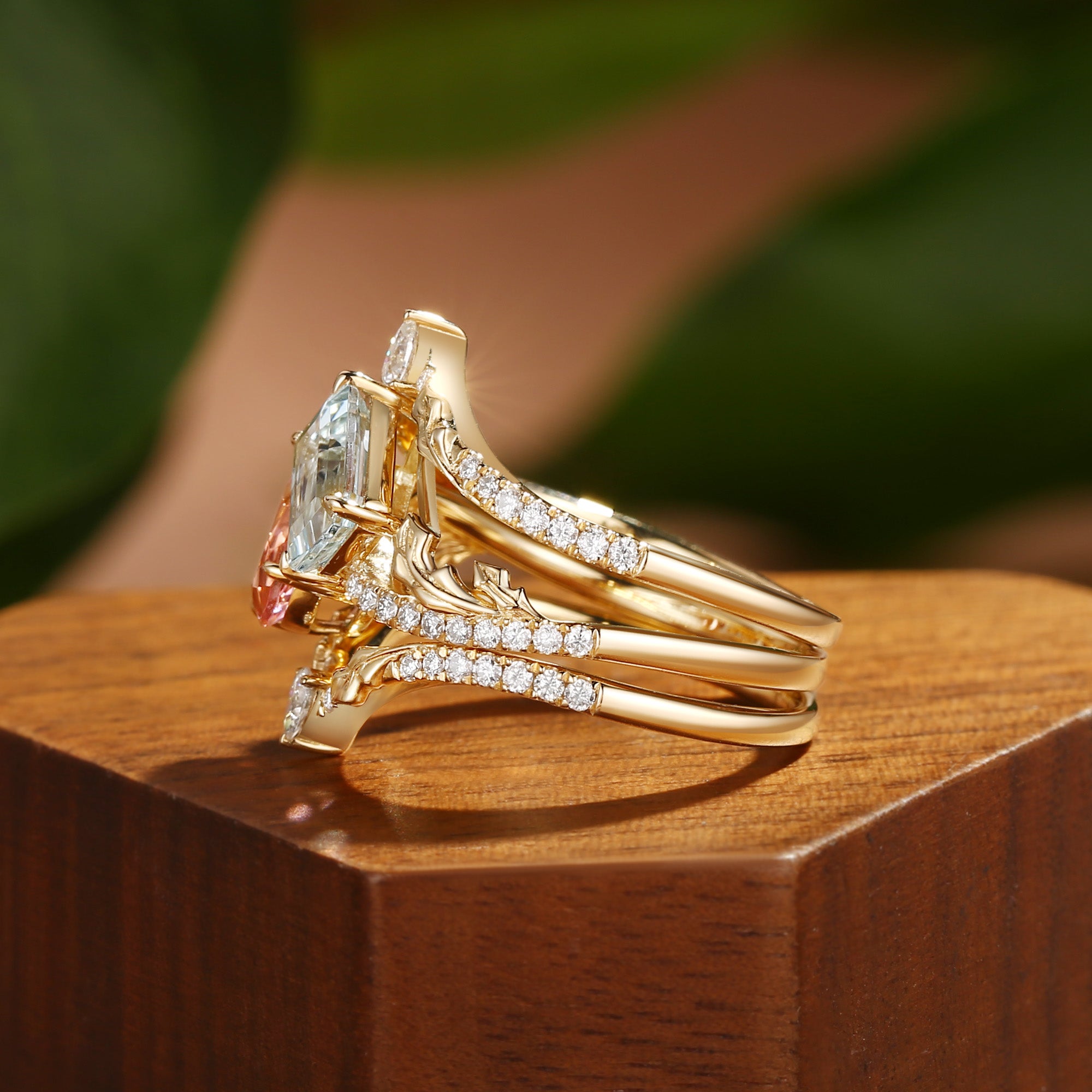 Fae - Tio et Mio Pink Tourmaline & Aquamarine Holly Leaf Fairytale Bridal Set 3pcs