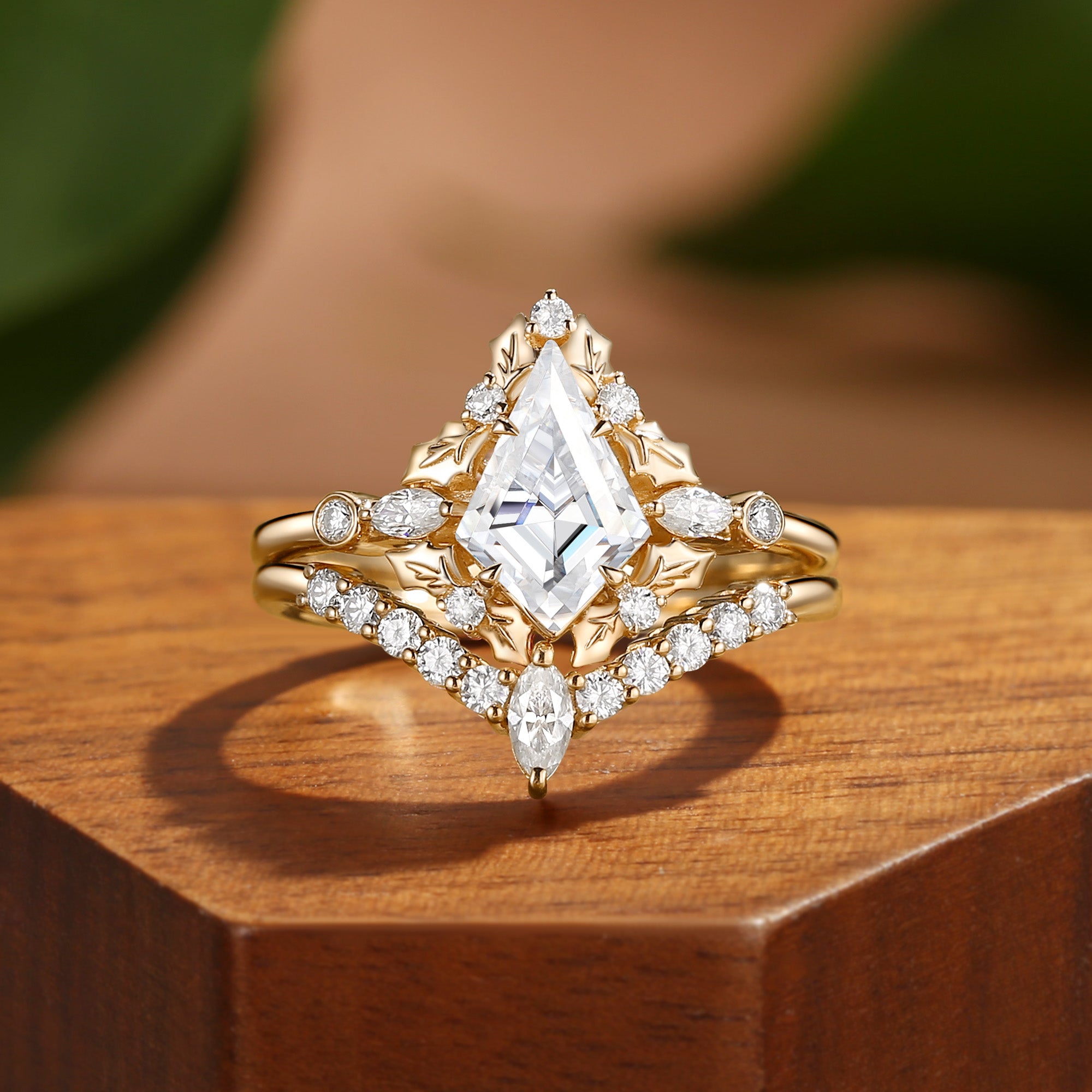 Nicoline - Unique Kite Cut Moissanite Holly Leaf Inspired Halo Bridal Set 2pcs