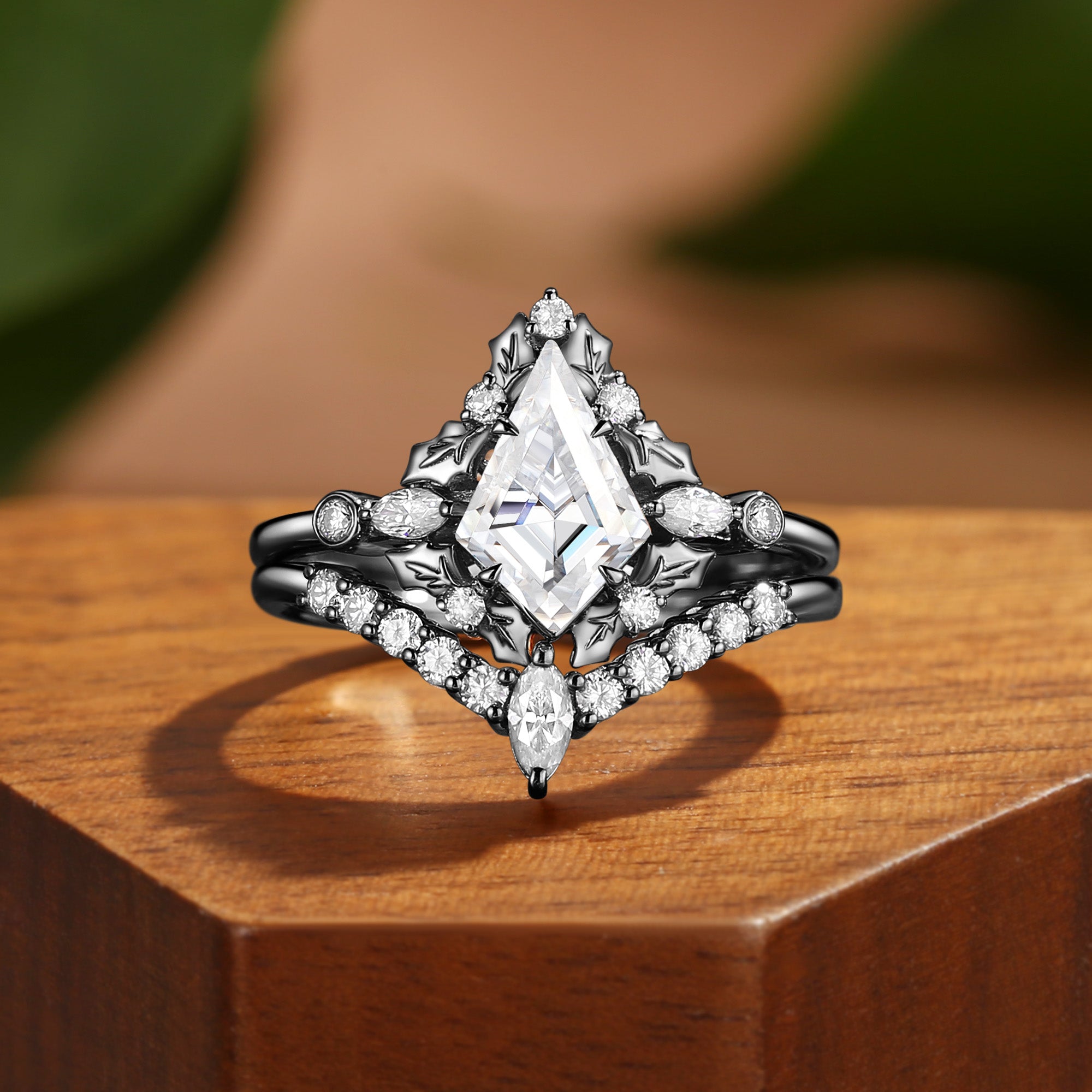 Nicoline - Unique Kite Cut Moissanite Holly Leaf Inspired Halo Bridal Set 2pcs