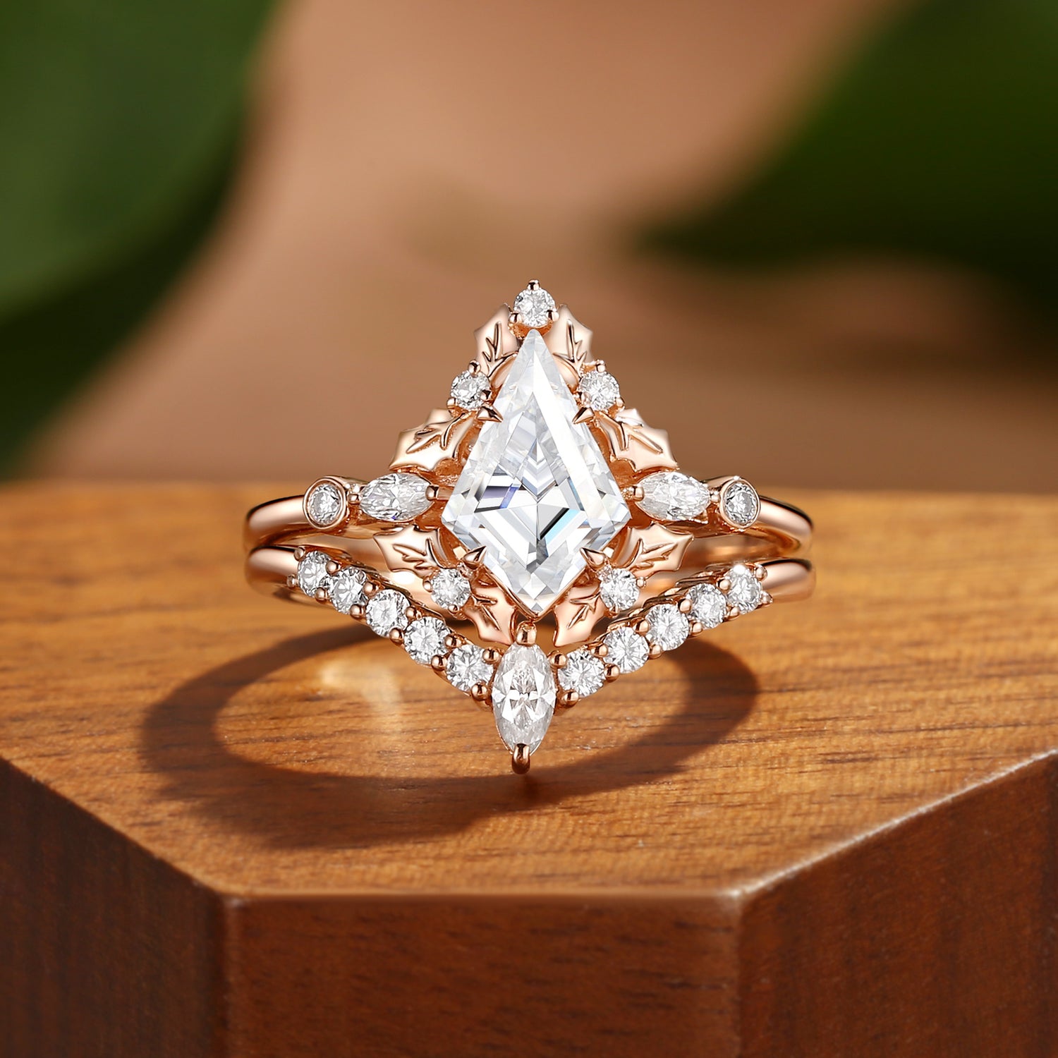 Nicoline - Unique Kite Cut Moissanite Holly Leaf Inspired Halo Bridal Set 2pcs