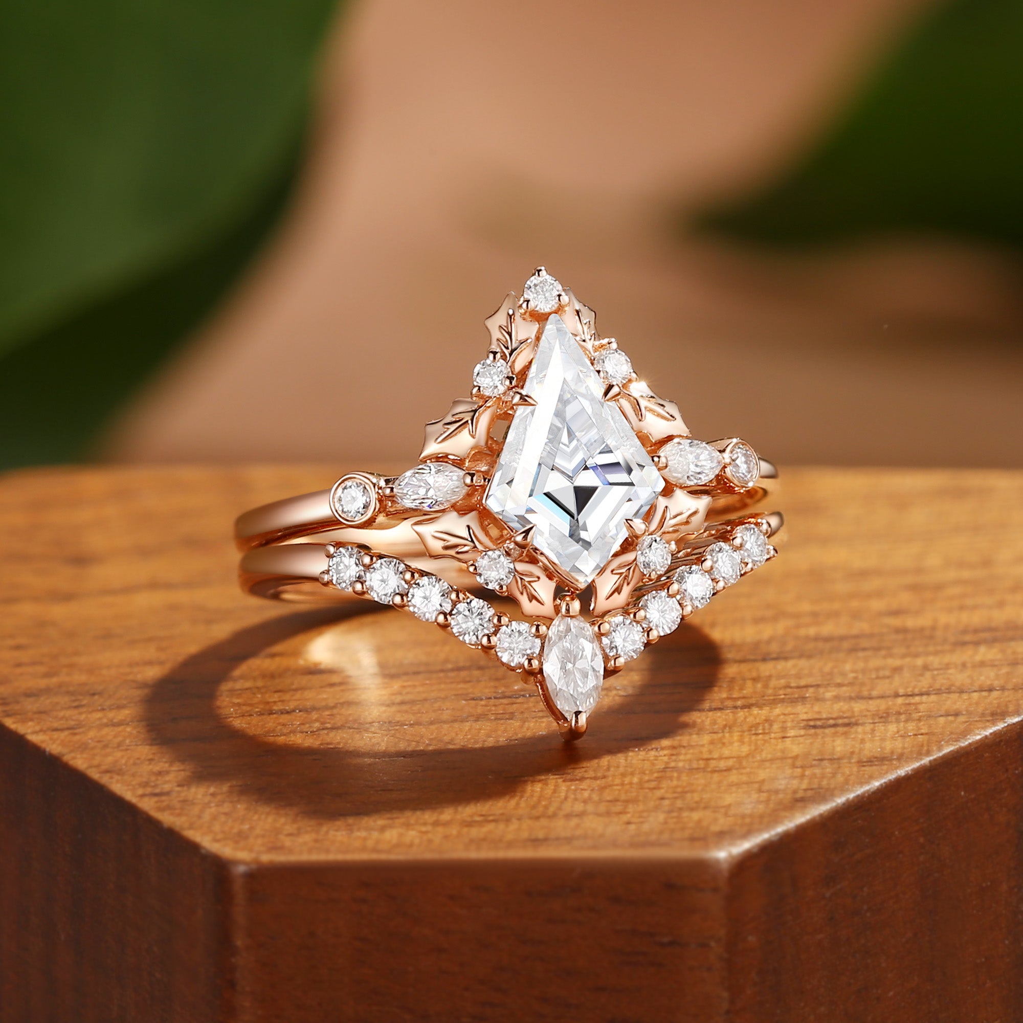 Nicoline - Unique Kite Cut Moissanite Holly Leaf Inspired Halo Bridal Set 2pcs