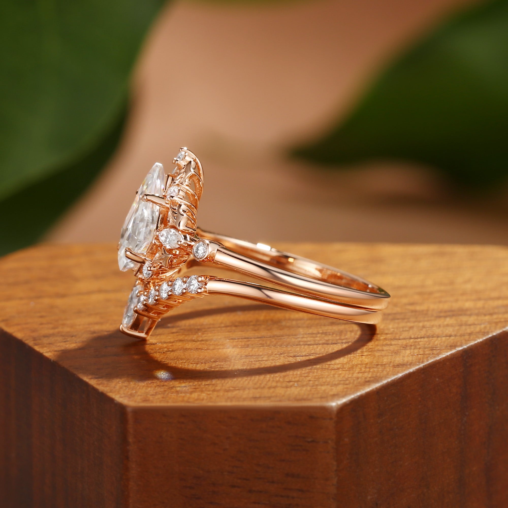 Nicoline - Unique Kite Cut Moissanite Holly Leaf Inspired Halo Bridal Set 2pcs